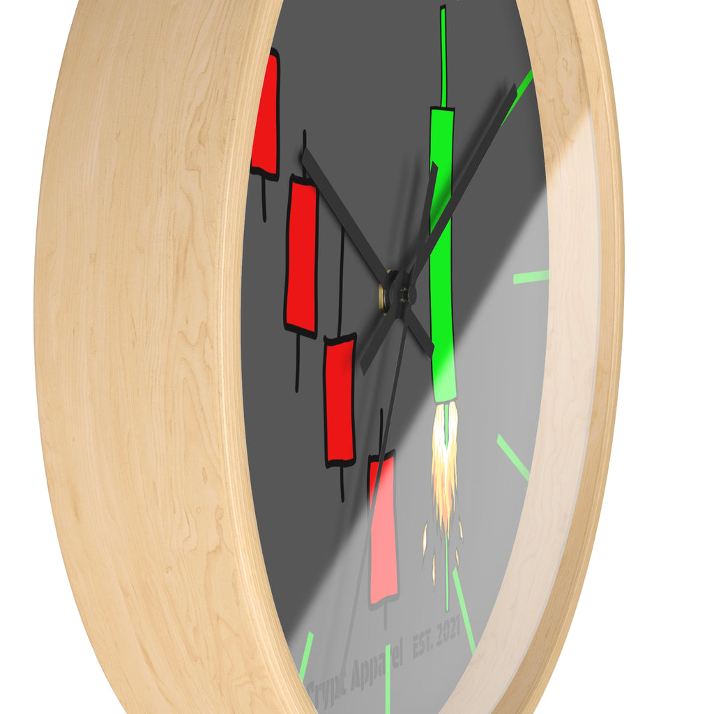 Degen Traders Crypto Candlestick Wall Clock — Crypt Apparel 'Bull Rocket' Trading Chart Clock