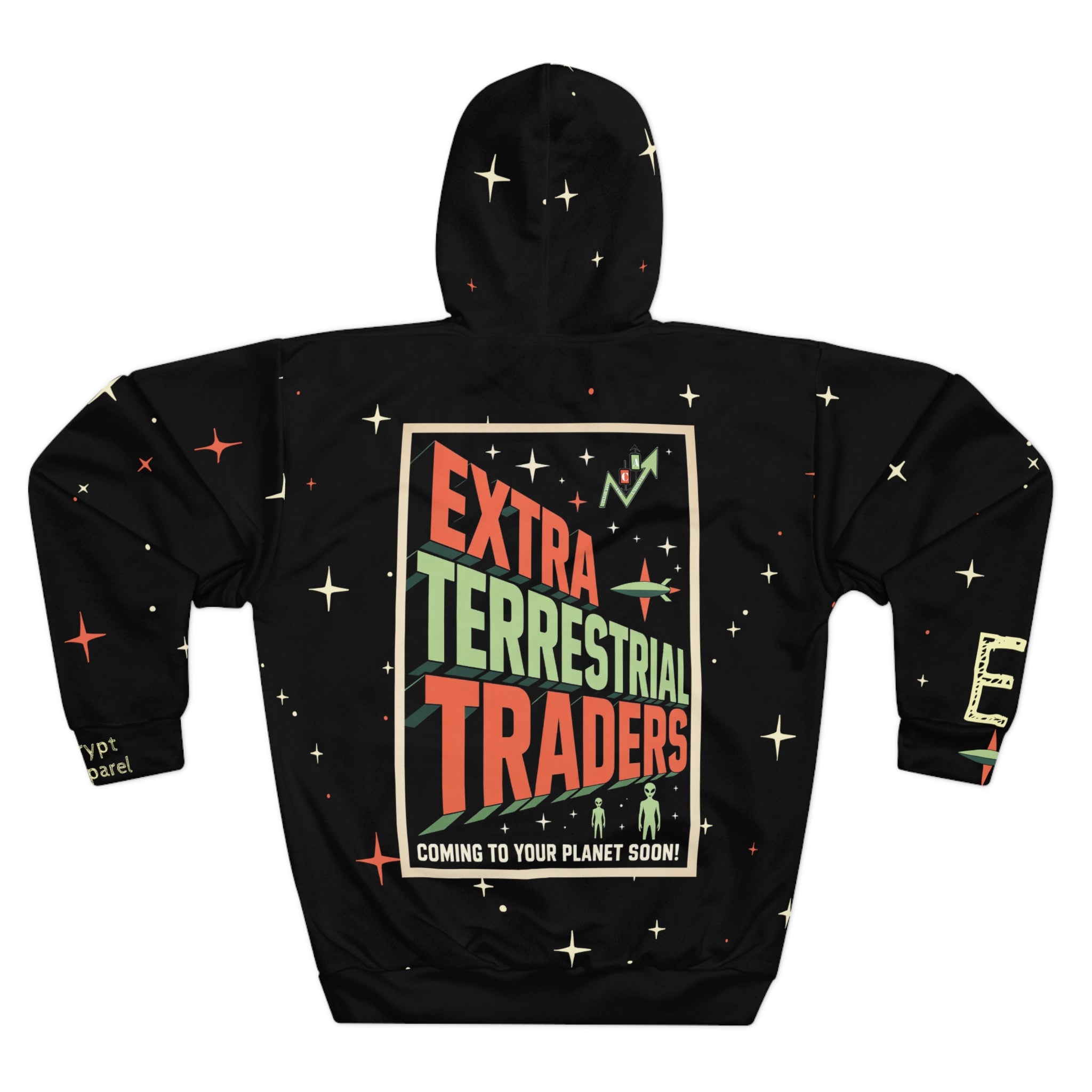Black Crypt Apparel hoodie, Crypto streetwear with 'Extra Terrestrial Traders' graphic on a white background