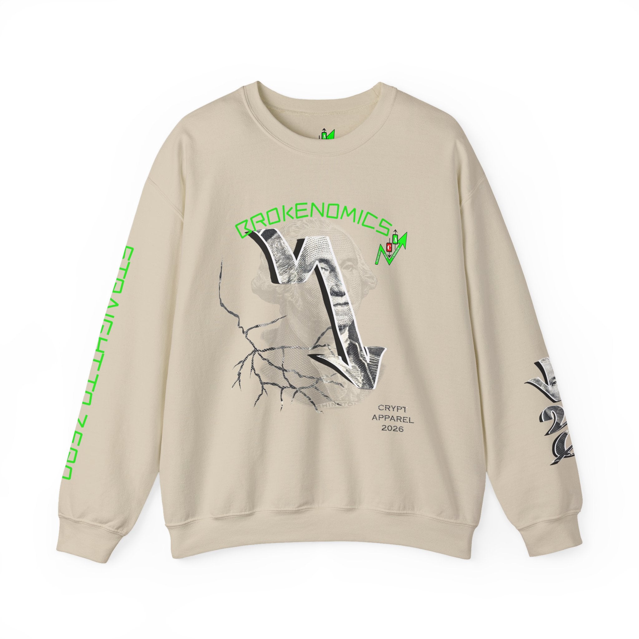 Brokenomics Crypto Crewneck Sweatshirt — Crypt Apparel Graphic Pullover with Neon Green Accents