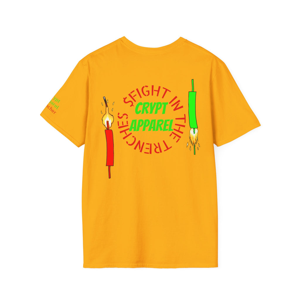 The Trenches Crypto T‑Shirt — 'Crypt Apparel' Graphic Tee with Candlesticks Design