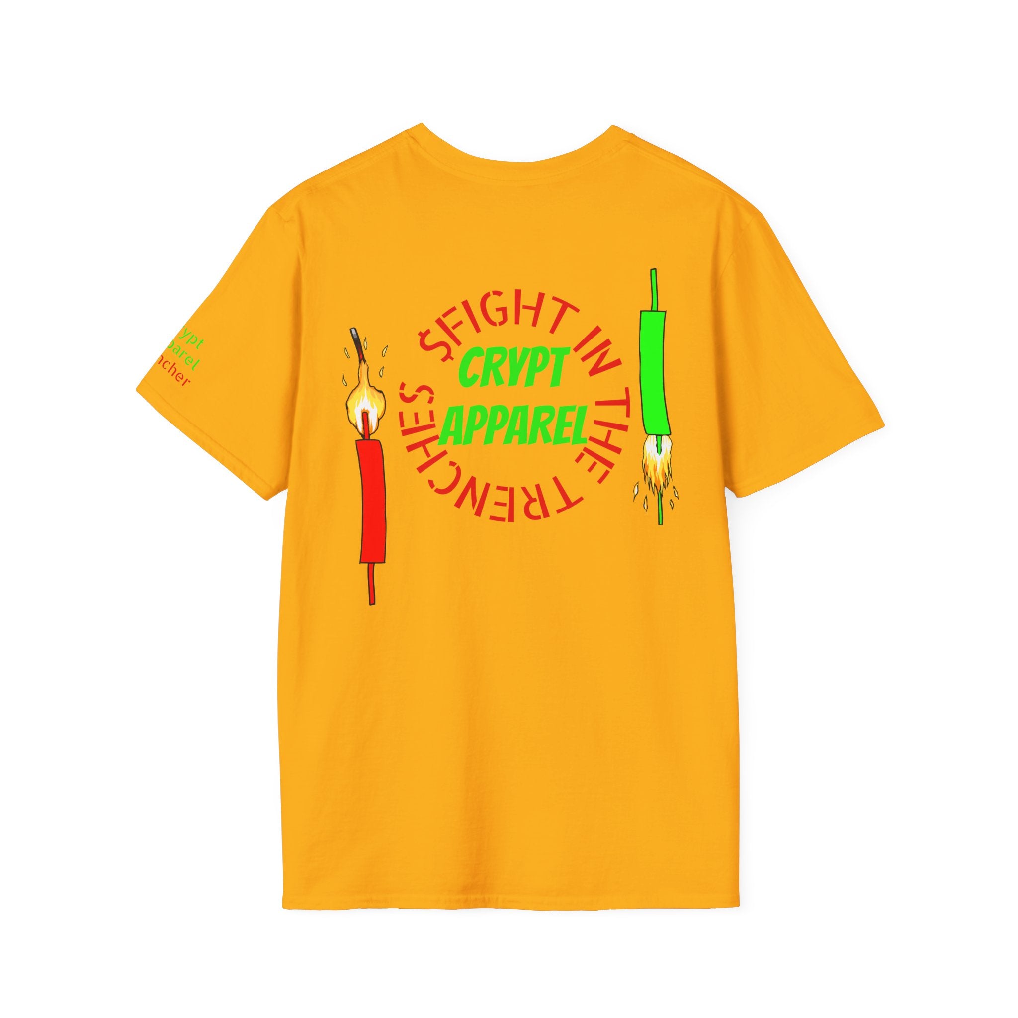 The Trenches Crypto T‑Shirt — 'Crypt Apparel' Graphic Tee with Candlesticks Design