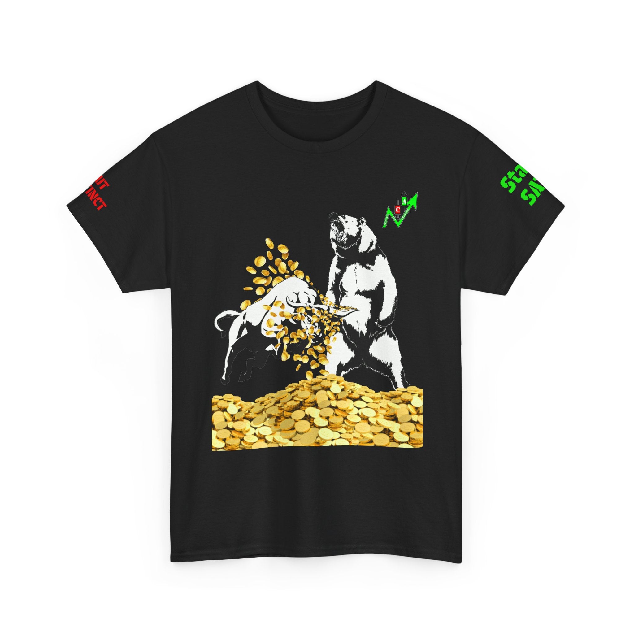 Gut Instinct Bull Vs Bear Market Tee Shirt with red and green accents by Crypt Apparel