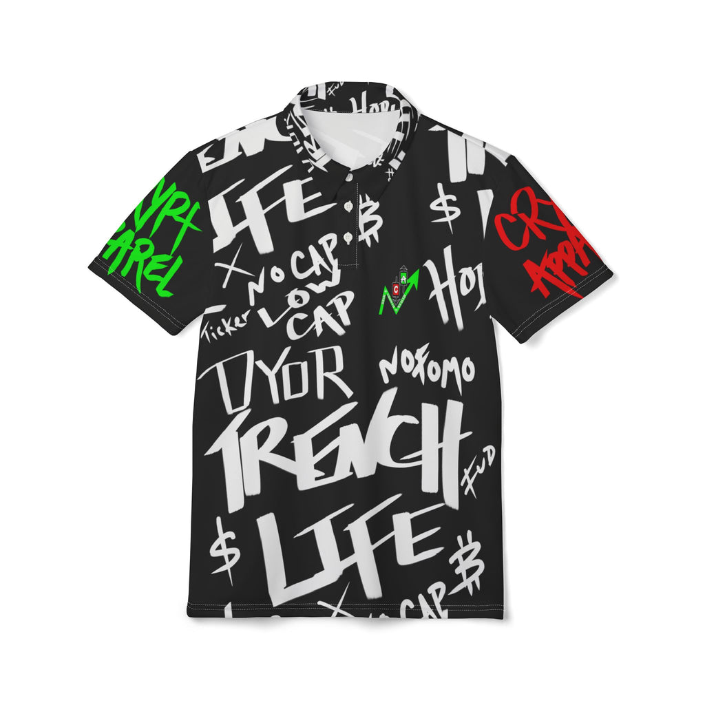 Trench Life Script Streetwear Polo Shirt | Crypt Apparel Black All-Over Print