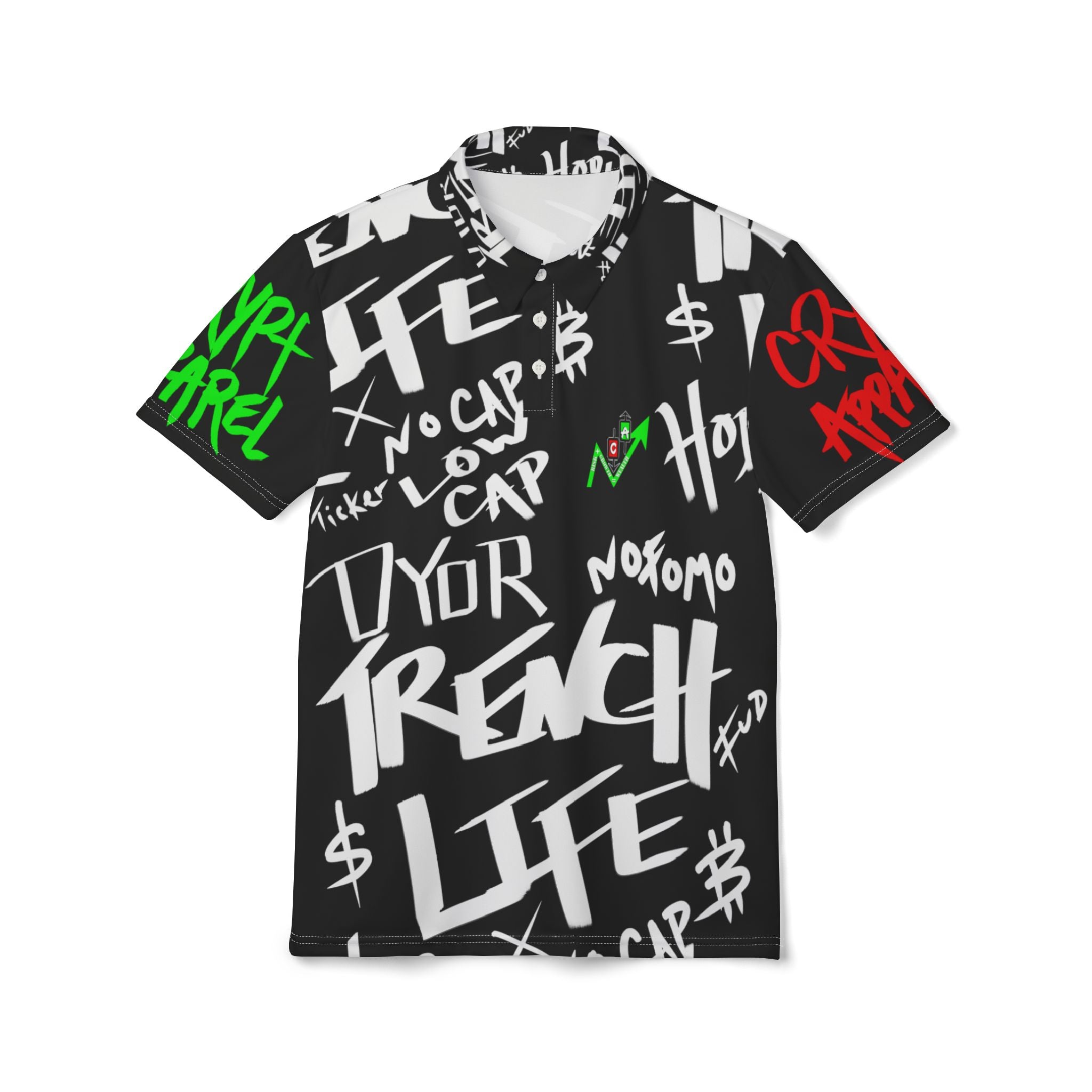 Trench Life Script Streetwear Polo Shirt | Crypt Apparel Black All-Over Print