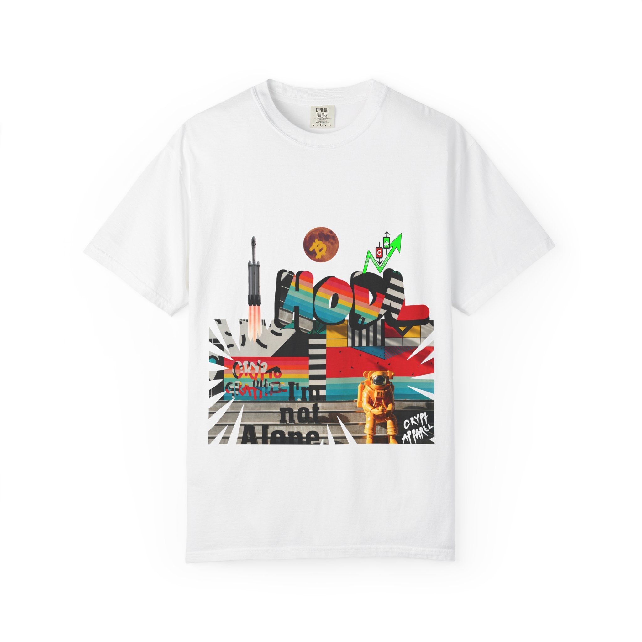 Urban Jungle crypto t shirt by Crypt Apparel features an astronaut and colorful, vibrant, graffiti, streetwear design, with HODL, and DYOR motifs
