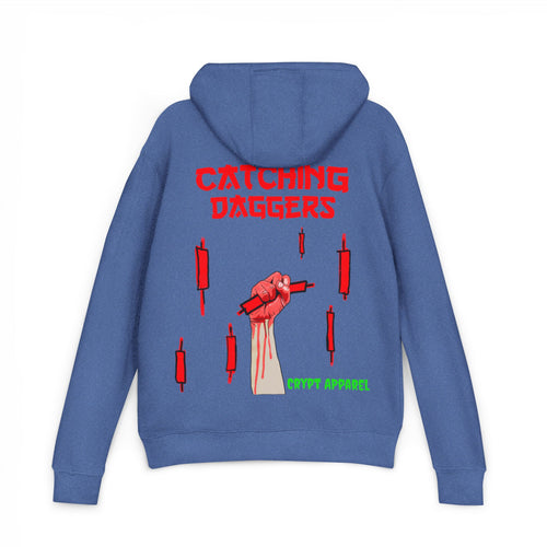 Catching Daggers crypto trading hoodie by Crypt Apparel featuring falling red candles