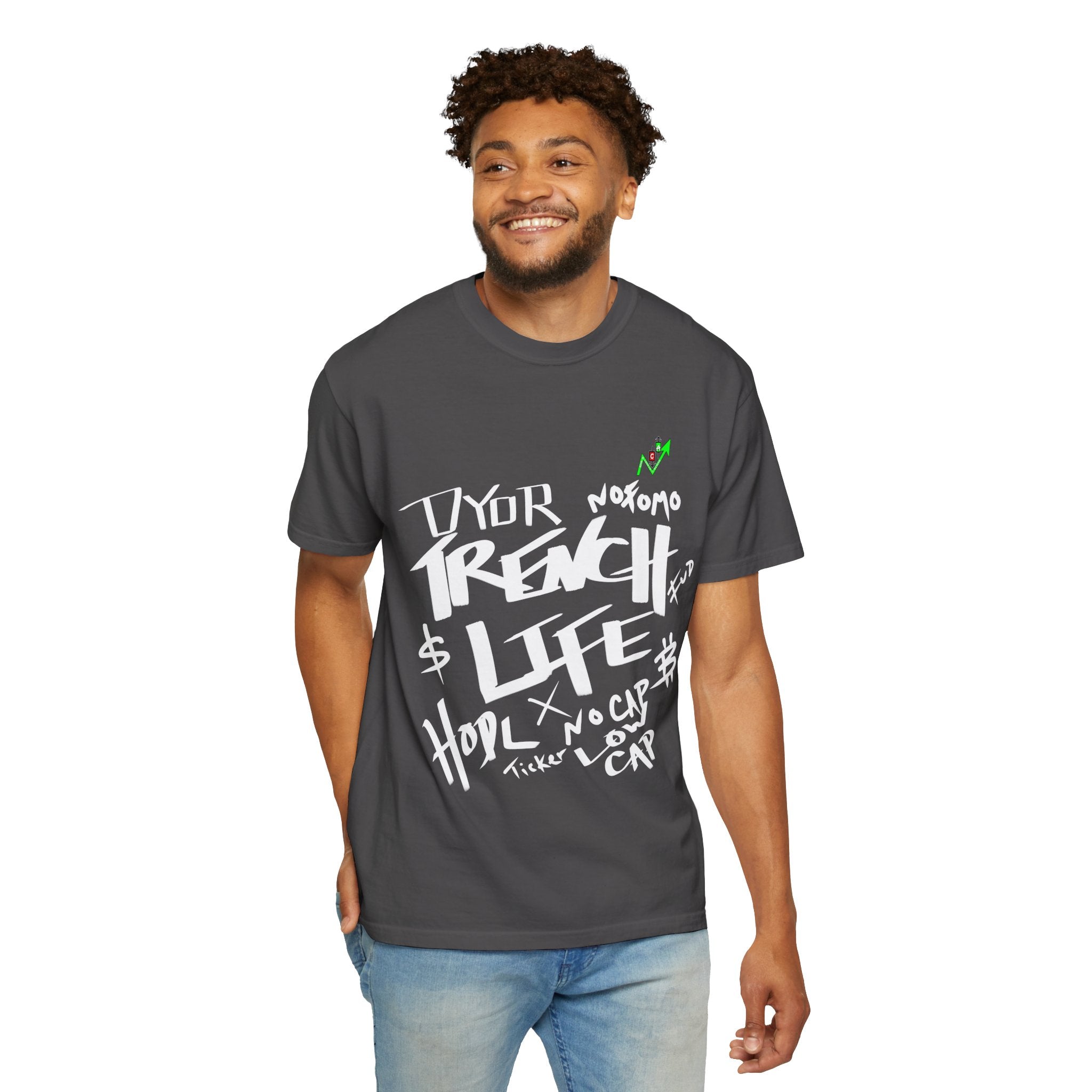 Trench Life crypto graffiti meme culture t-shirt by Crypt Apparel