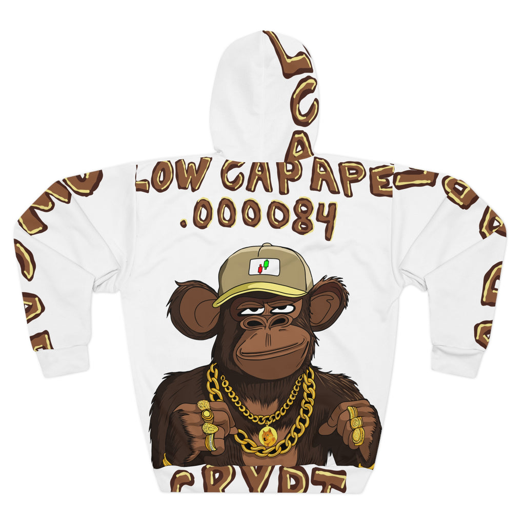 Low Cap Ape Crypto Meme Coin Hoodie, All over print by Crypt Apparel.  Ape with gold chains and trading signals.