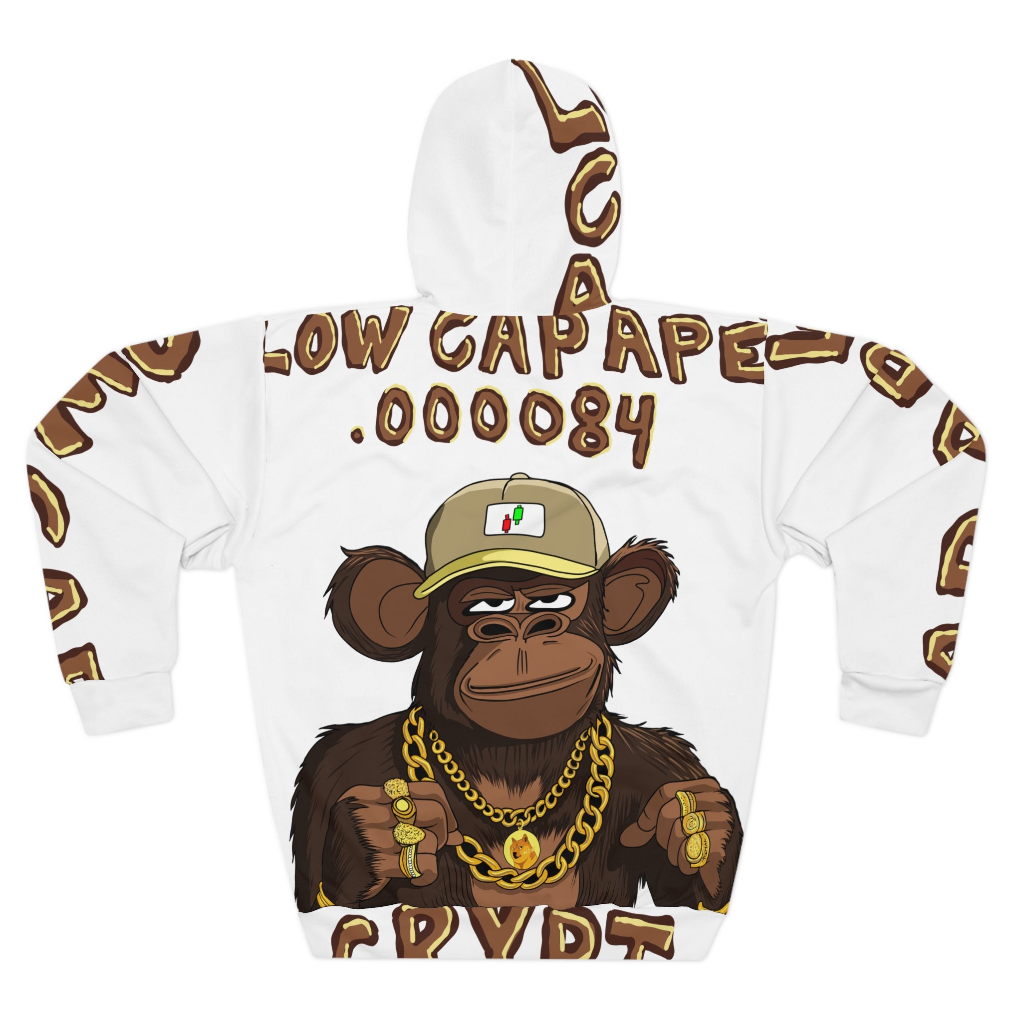 Low Cap Ape Crypto Meme Coin Hoodie, All over print by Crypt Apparel.  Ape with gold chains and trading signals.