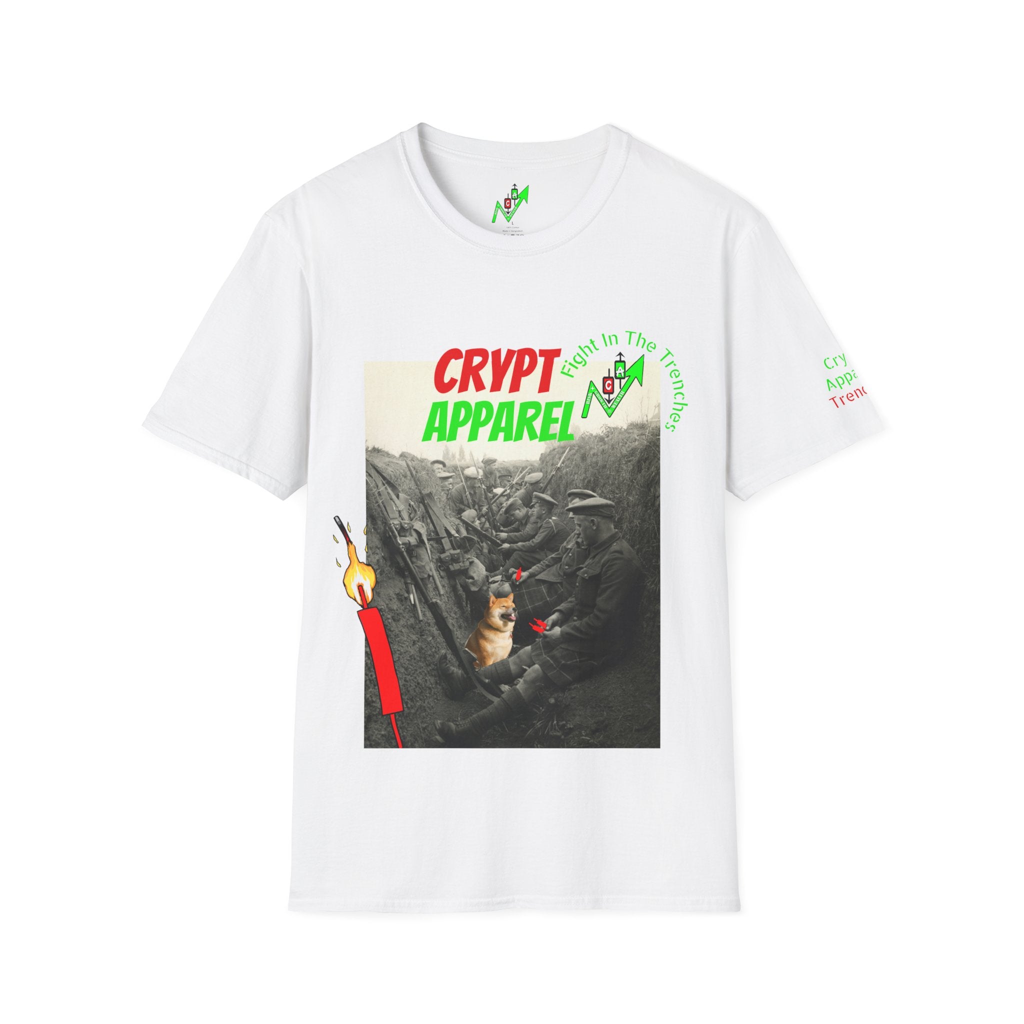 The Trenches Crypto T‑Shirt — 'Crypt Apparel' Graphic Tee with Candlesticks Design