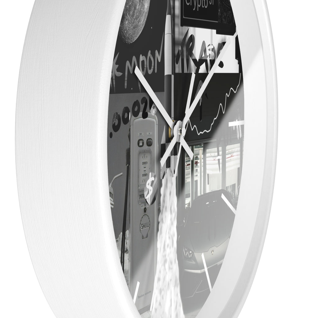 B&W Crypto Dreamscape Wall Clock — Crypt Apparel Moon, Lamborghini & Trading Collage
