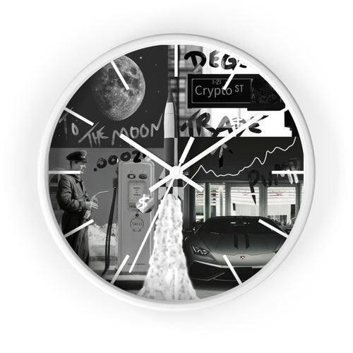 B&W Crypto Dreamscape Wall Clock — Crypt Apparel Moon, Lamborghini & Trading Collage