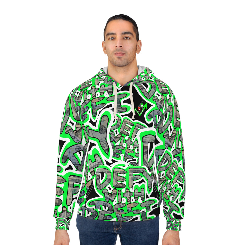 Defy with Defi Crypto Inspired Allover Print Hoodie | Neon Green Crypt Apparel Pullover