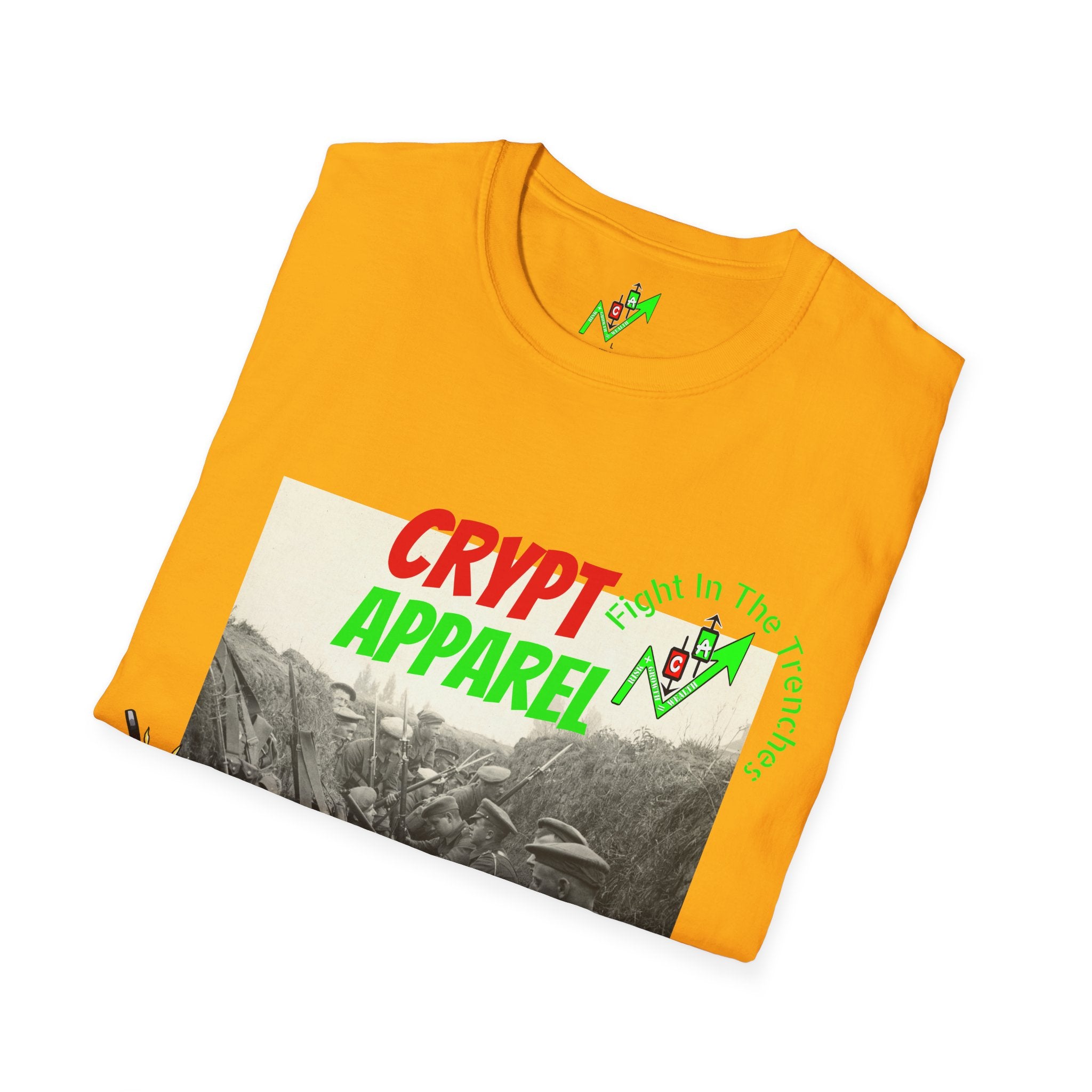 The Trenches Crypto T‑Shirt — 'Crypt Apparel' Graphic Tee with Candlesticks Design