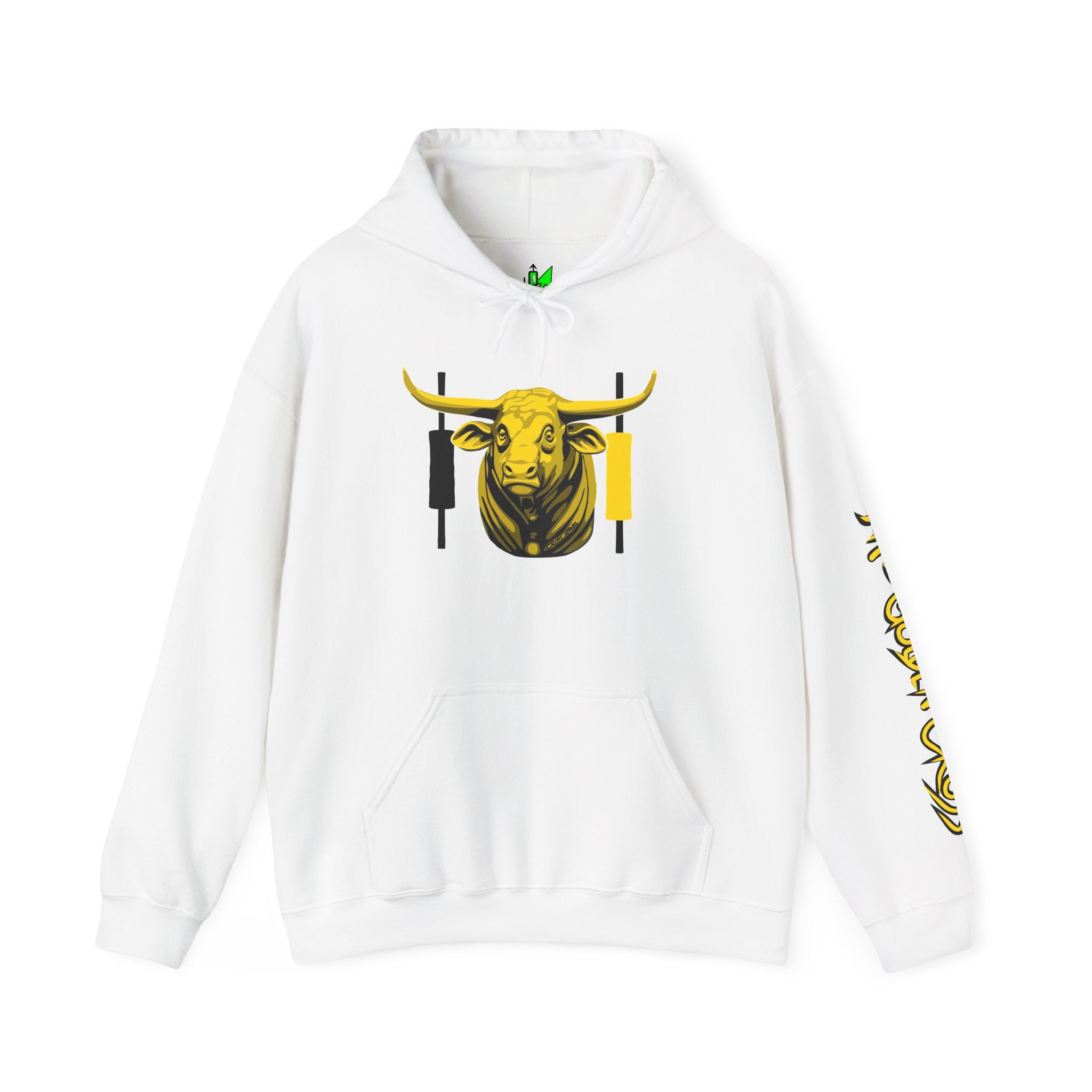 Golden Cross Trading Signal Hoodie with golden bull and Candlesticks. Hand drawn graphics by Crypt Apparel