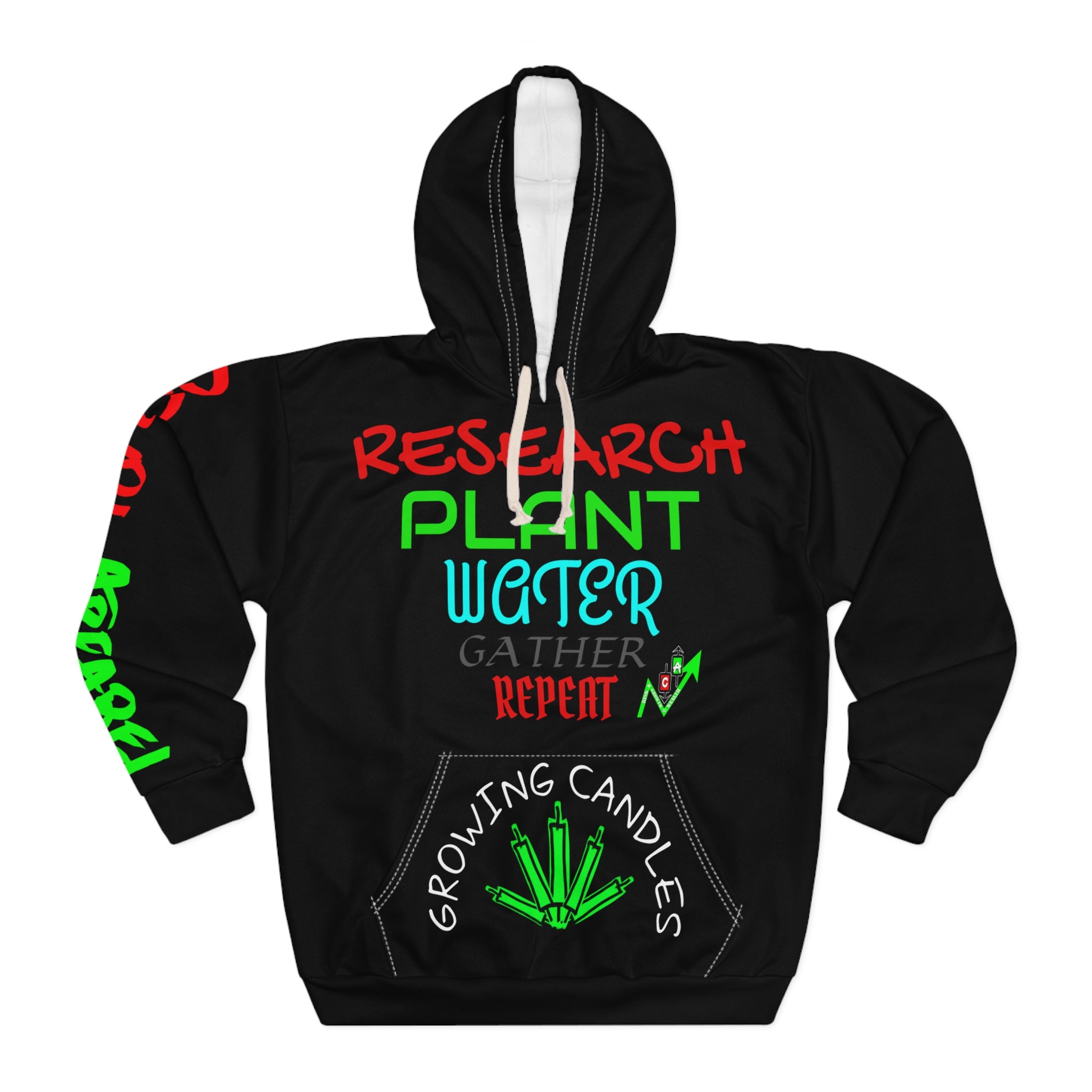 Crypto Growing Candles All Over Print Hoodie by Crypt Apparel, features green trading candlesticks designed to look like plant leafs