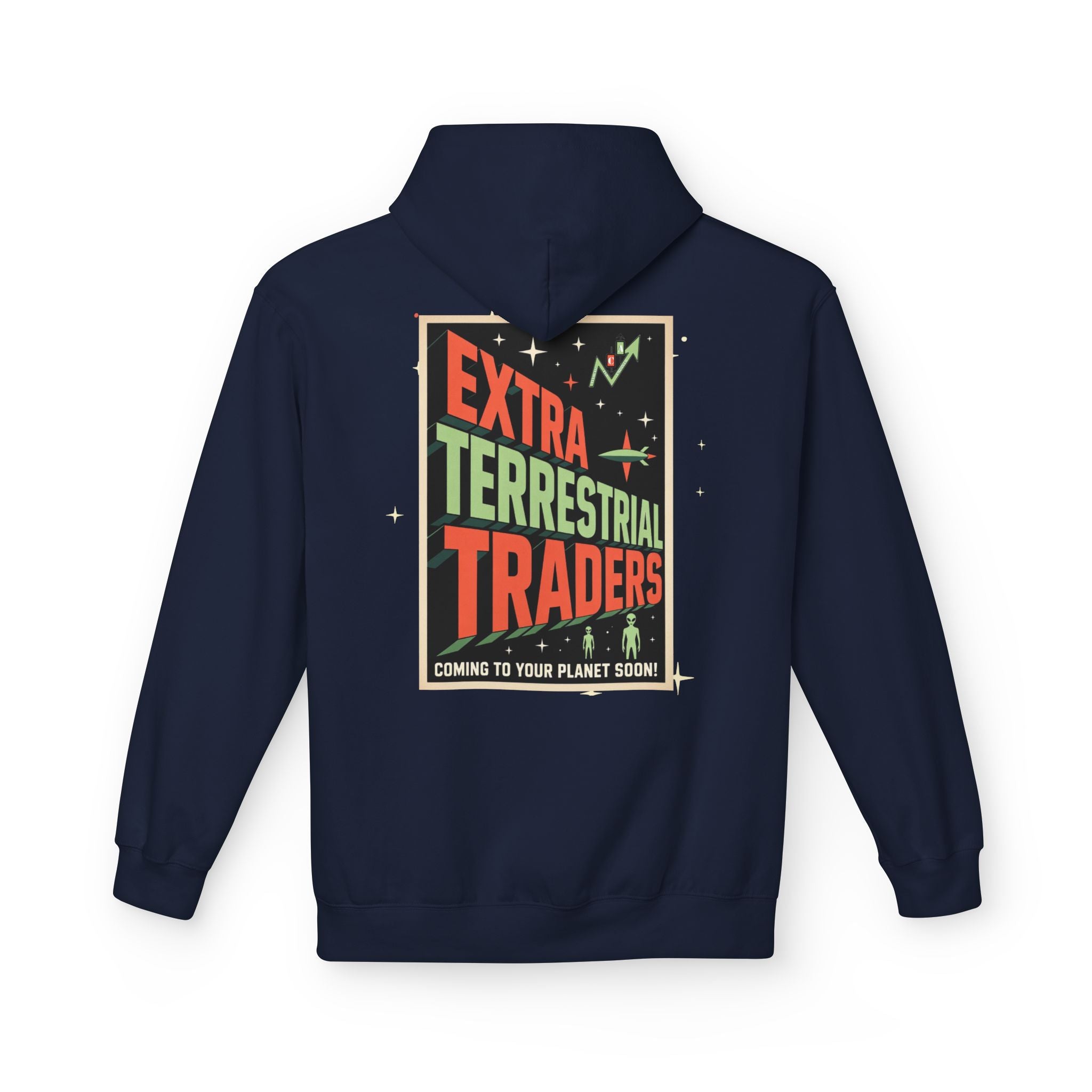 Extra Terrestrial Traders Crypto Hoodie — “Not Alone” Crypt Apparel Retro Sci‑Fi Graphic