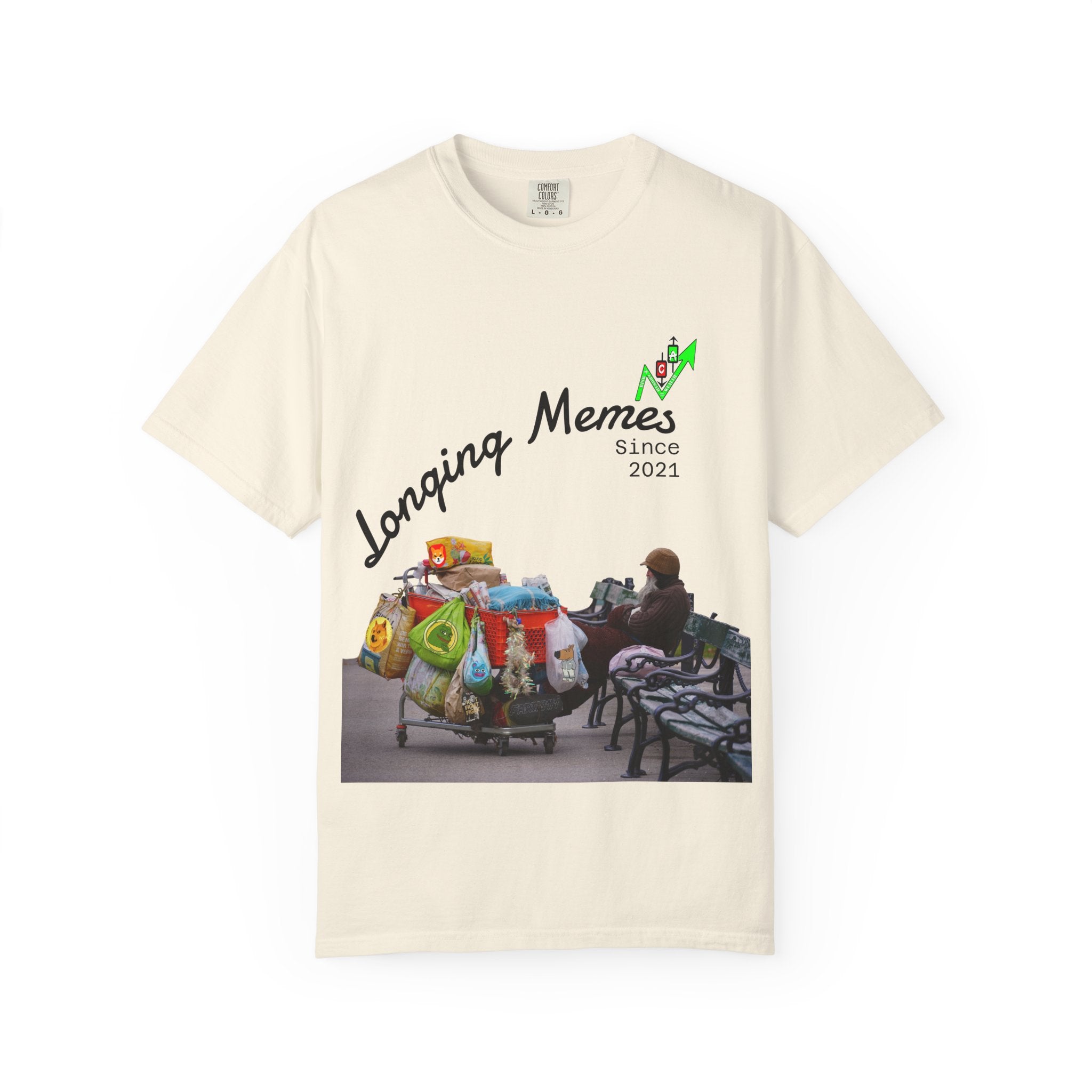 Tan Meme Coin Hodlers T shirt by Crypt Apparel, features meme coin bags and hopeless humor