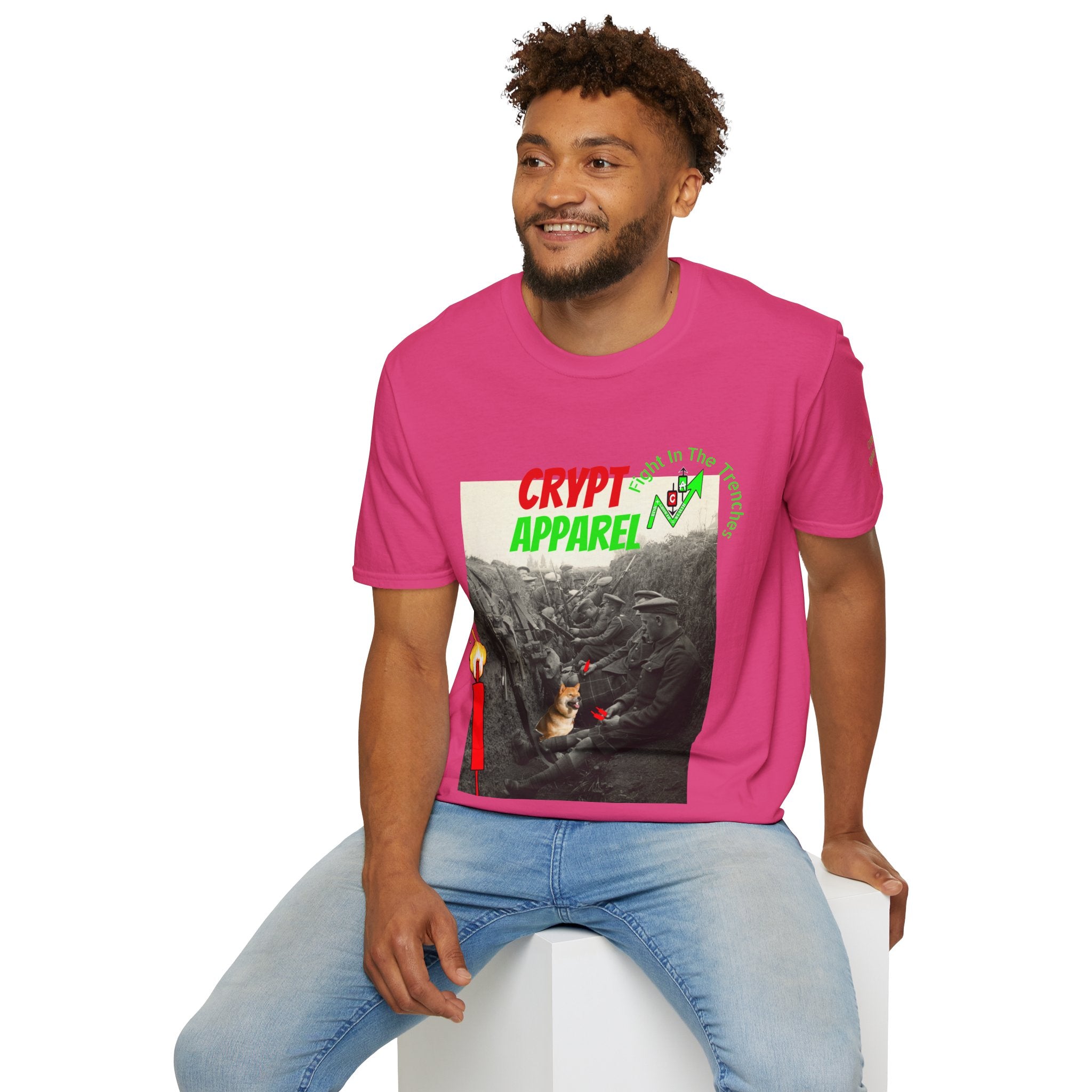 The Trenches Crypto T‑Shirt — 'Crypt Apparel' Graphic Tee with Candlesticks Design