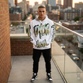 Crypt Apparel all over print hoodie design title CA 100 featuring crypto verbiage DYOR, and HODL, with money stylized lettering