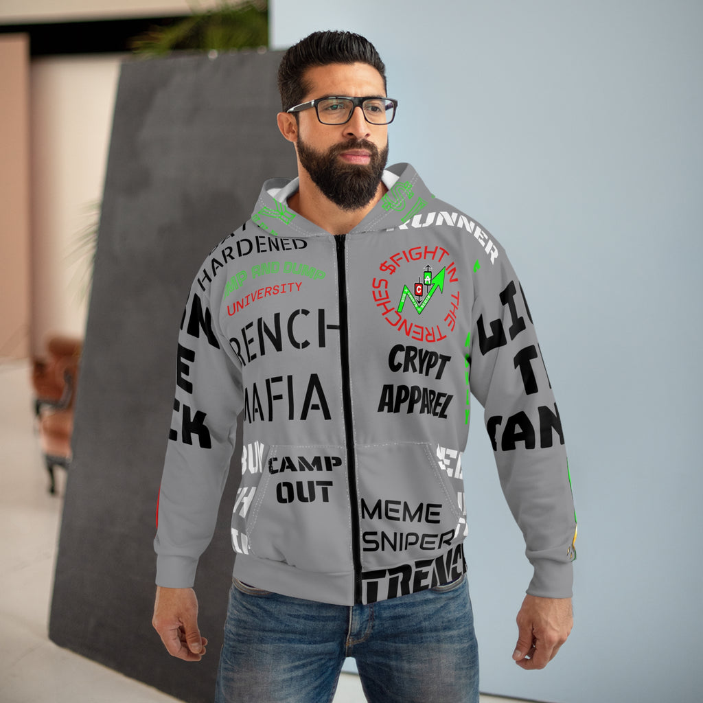 Crypt Apparel meme coin trench hoodie featuring crypto trading themes like pump and dump, meme snipe graphics