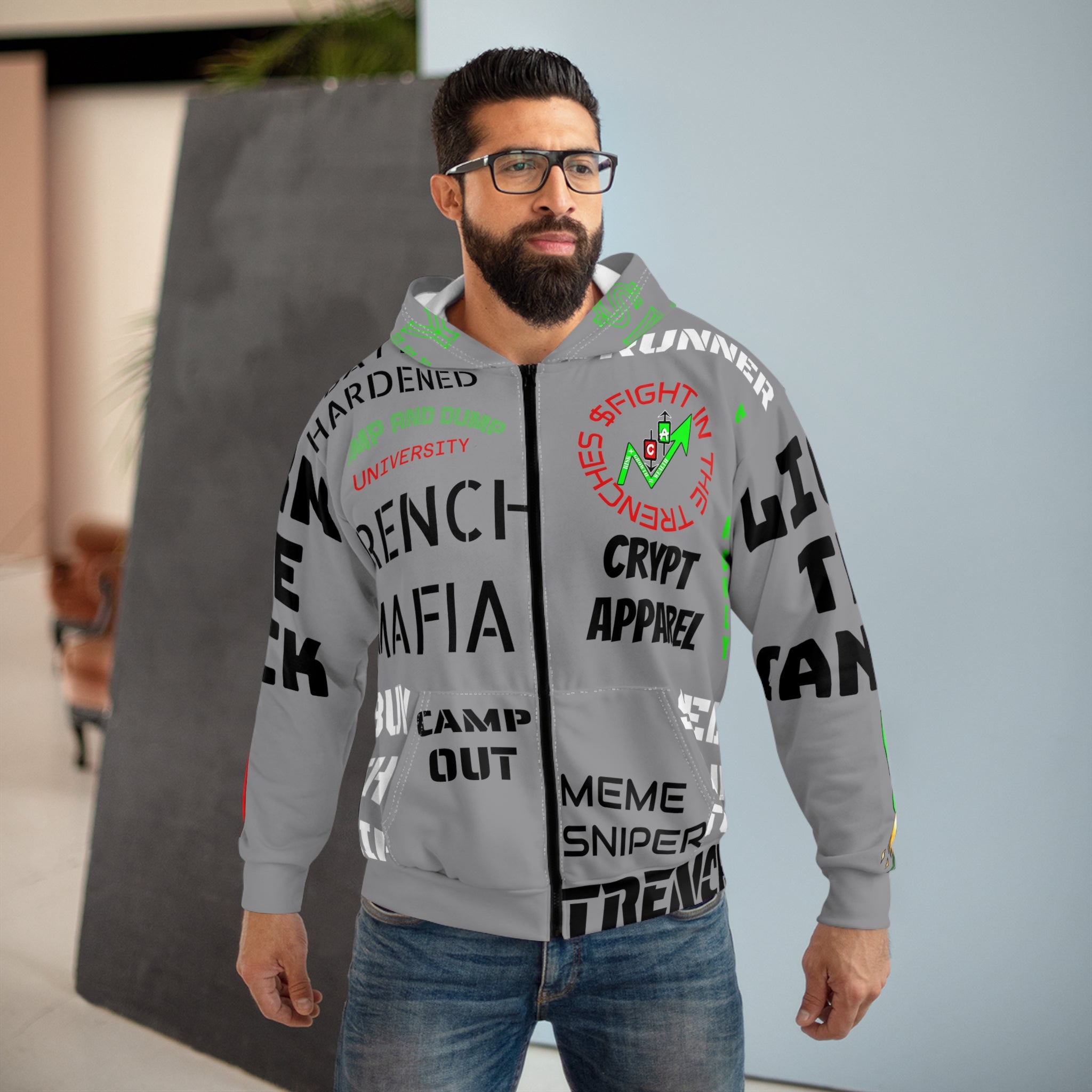 Crypt Apparel meme coin trench hoodie featuring crypto trading themes like pump and dump, meme snipe graphics
