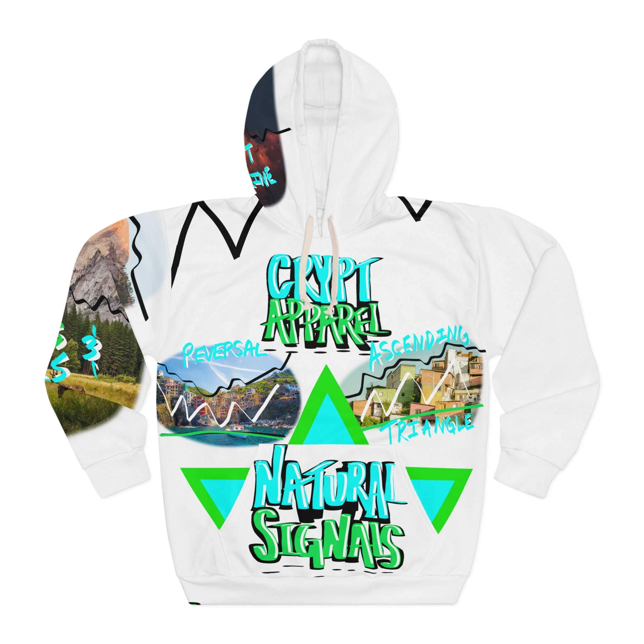 White All Over Print Colorful Crypto trading signals hoodie by Crypt Apparel.