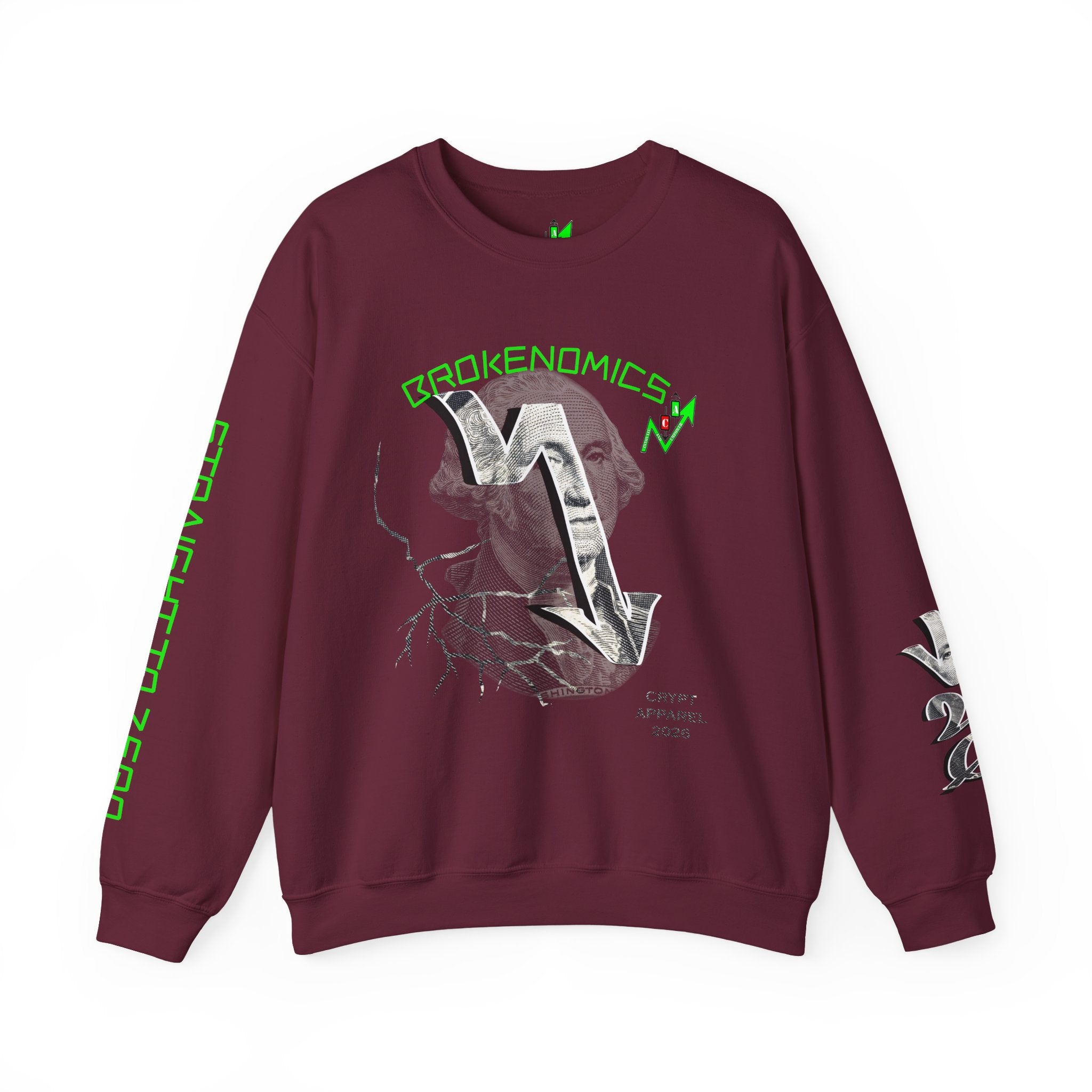 Brokenomics Crypto Crewneck Sweatshirt — Crypt Apparel Graphic Pullover with Neon Green Accents