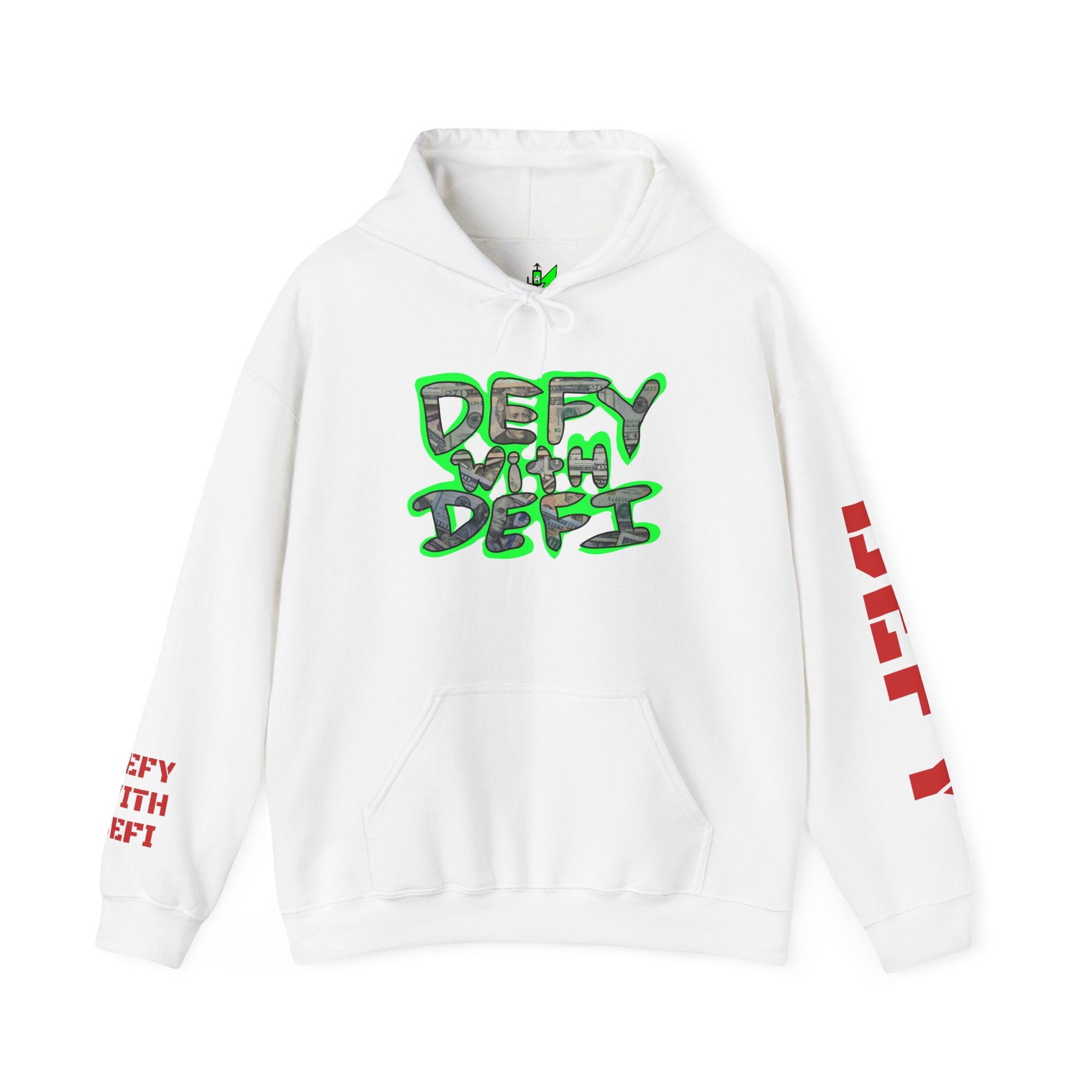 Defy with Defi hooded sweatshirt by Crypt Apparel nods to the web3 culture with urban feel
