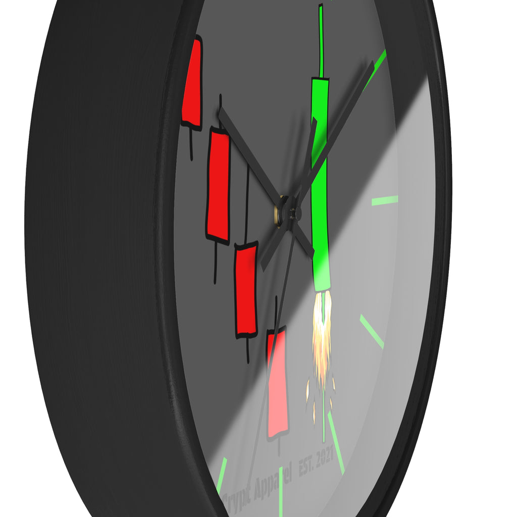 Degen Traders Crypto Candlestick Wall Clock — Crypt Apparel 'Bull Rocket' Trading Chart Clock