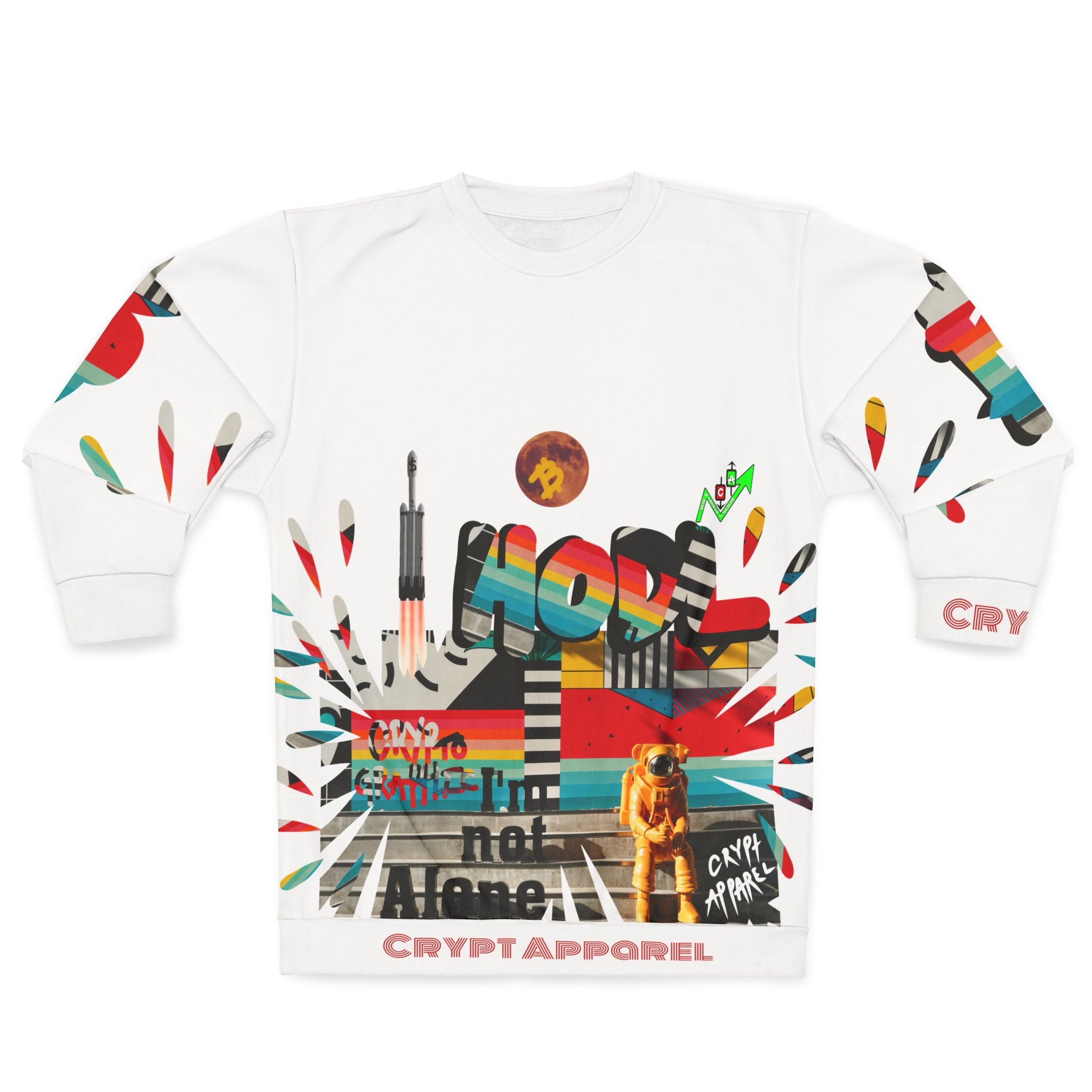 Urban Jungle all over print crypto sweatshirt by Crypt Apparel featuring colorful graffiti, an astronaut, and HODL/DYOR motifs