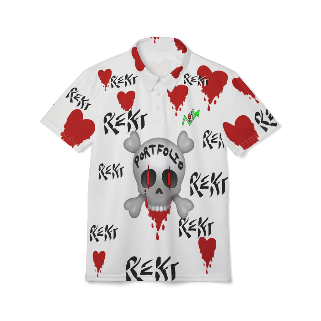 REKT Portfolio all over print polo t shirt by Crypt Apparel features a skull and crossbones with red candlestick eyes and bleeding hearts