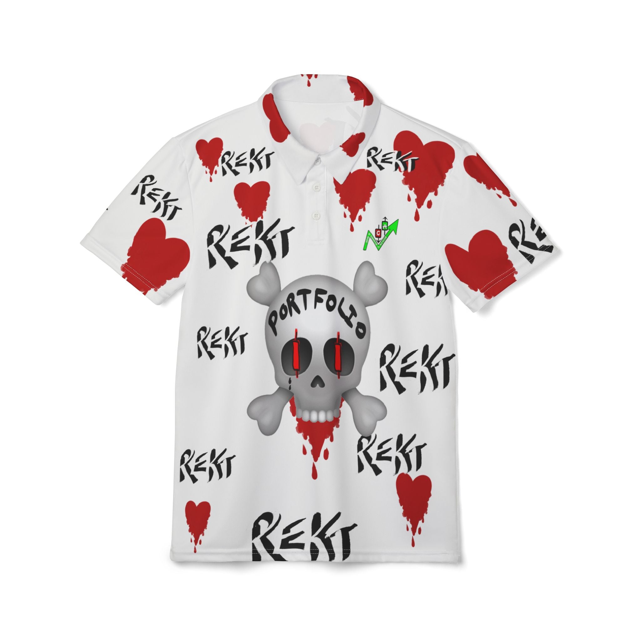 REKT Portfolio all over print polo t shirt by Crypt Apparel features a skull and crossbones with red candlestick eyes and bleeding hearts