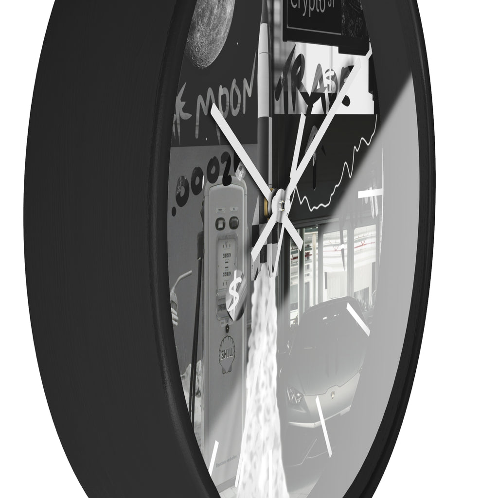 B&W Crypto Dreamscape Wall Clock — Crypt Apparel Moon, Lamborghini & Trading Collage