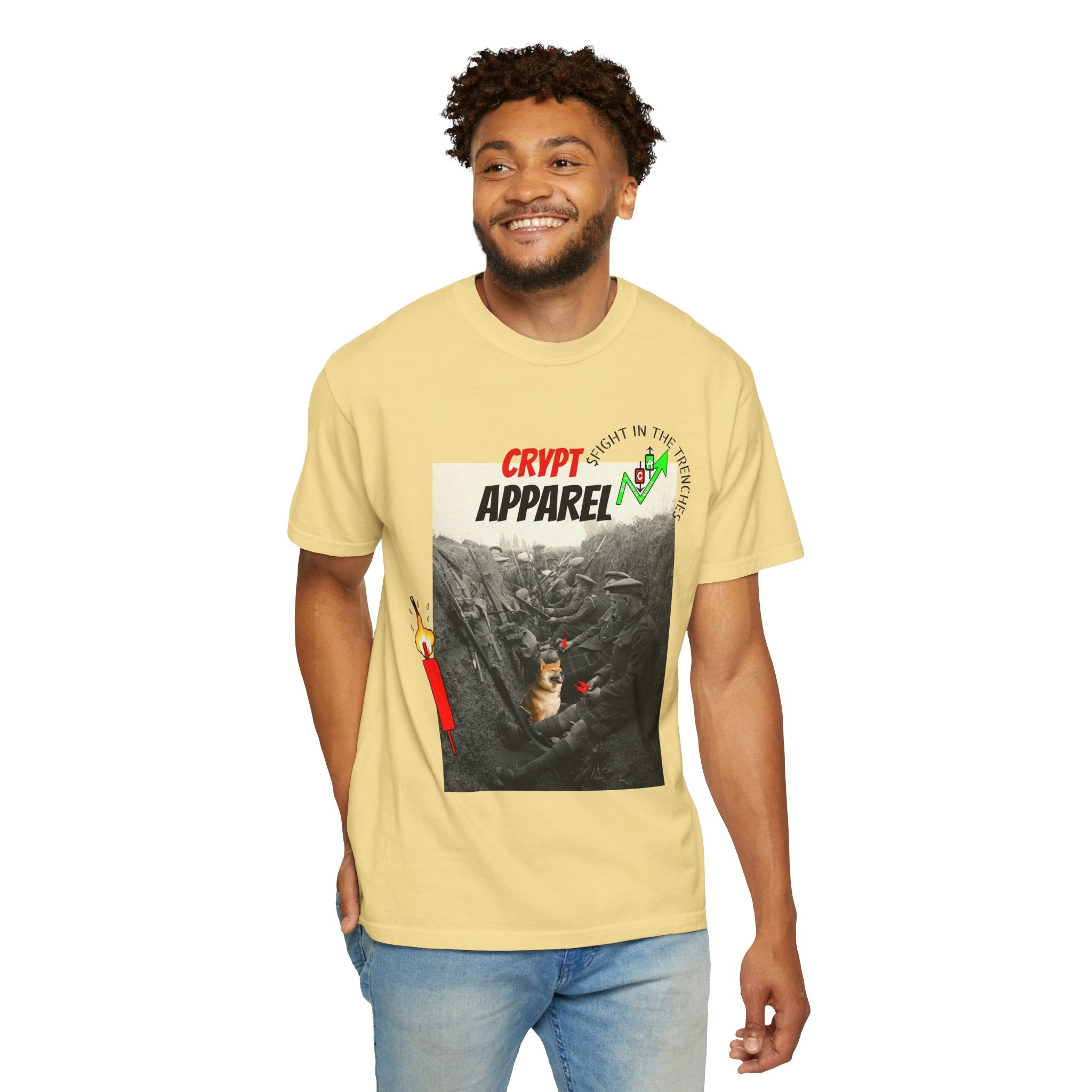The Trenches Crypto Graphic T‑Shirt — 'Crypt Apparel' Candle Design
