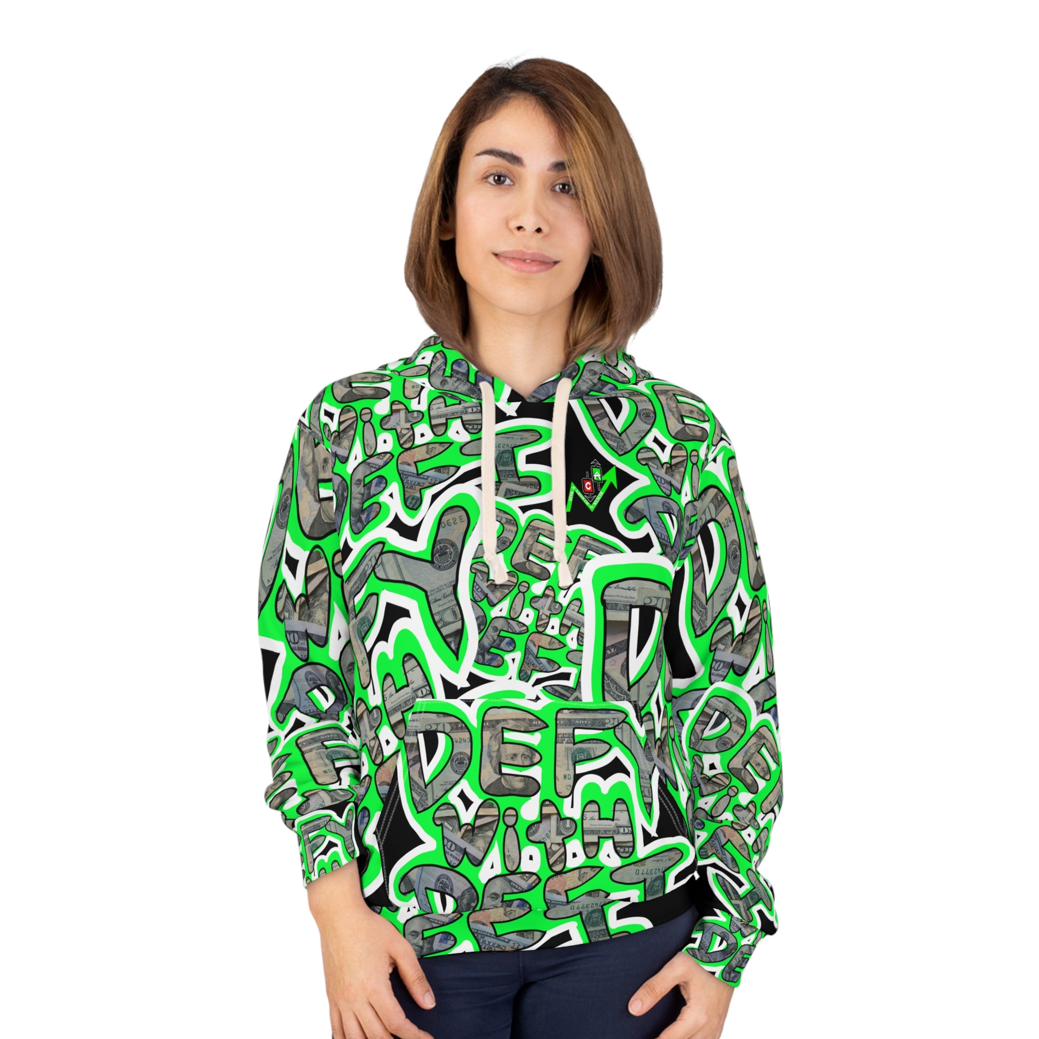 Defy with Defi Crypto Inspired Allover Print Hoodie | Neon Green Crypt Apparel Pullover