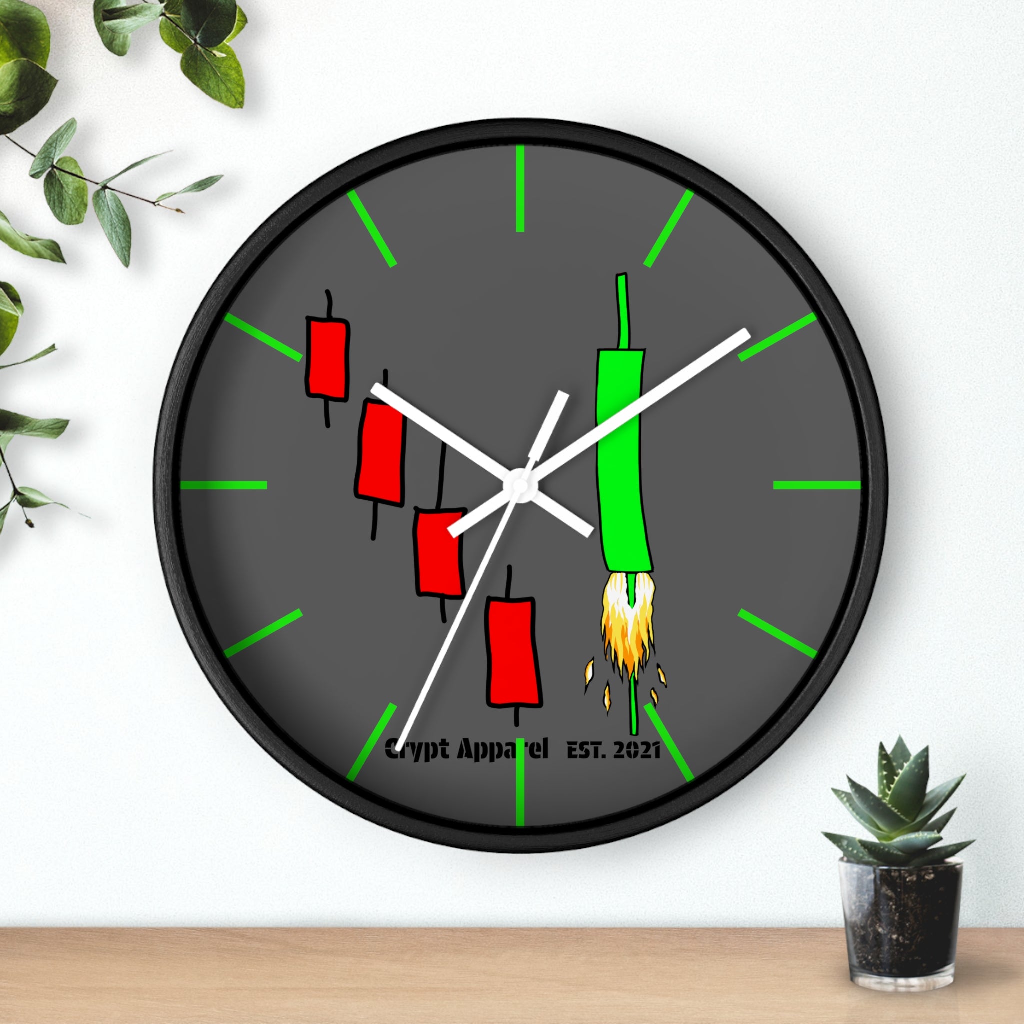 Degen Traders Crypto Candlestick Wall Clock — Crypt Apparel 'Bull Rocket' Trading Chart Clock