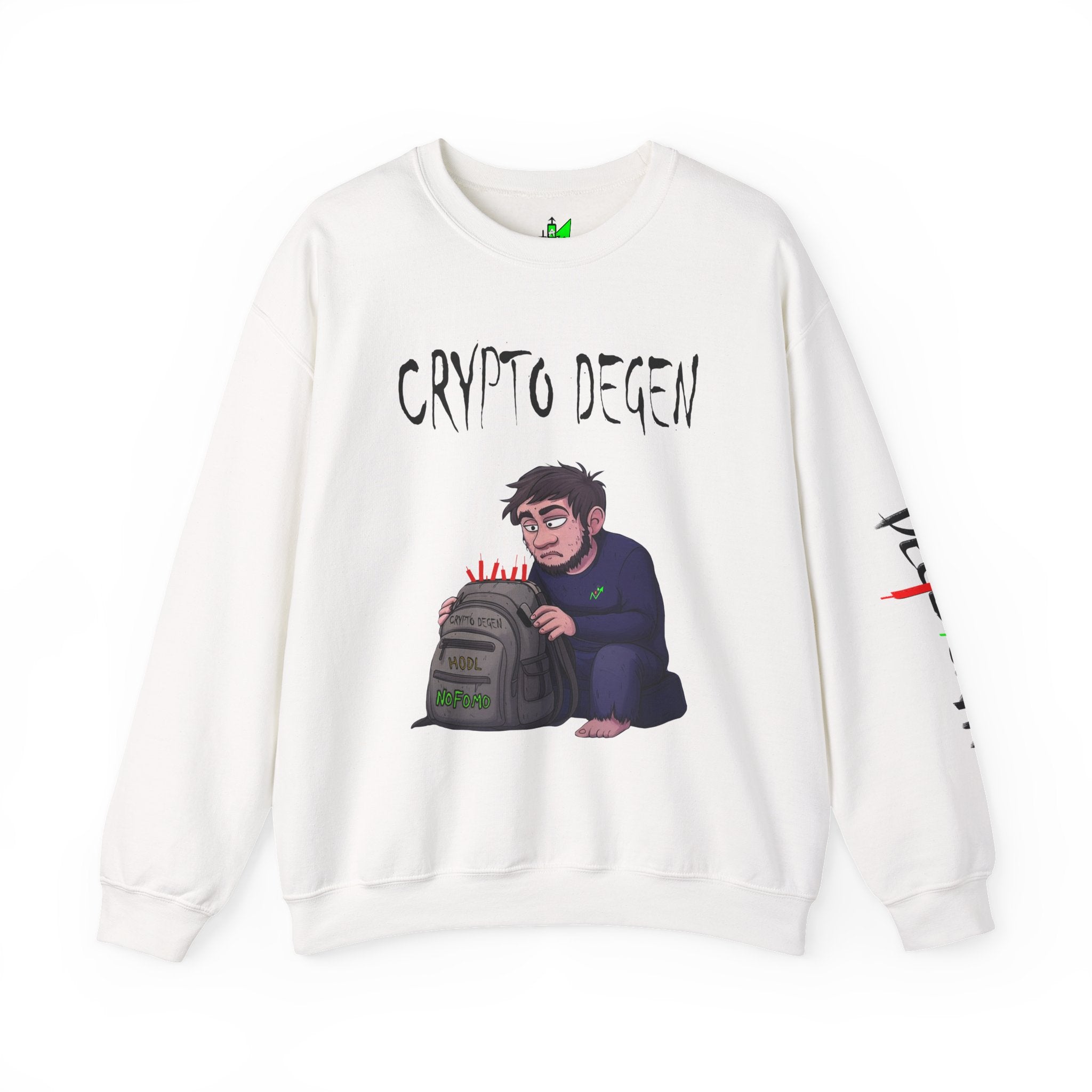 Crypto Degen Crewneck original HODL design by Crypt Apparel featuring a sad character holding a bag of red candles