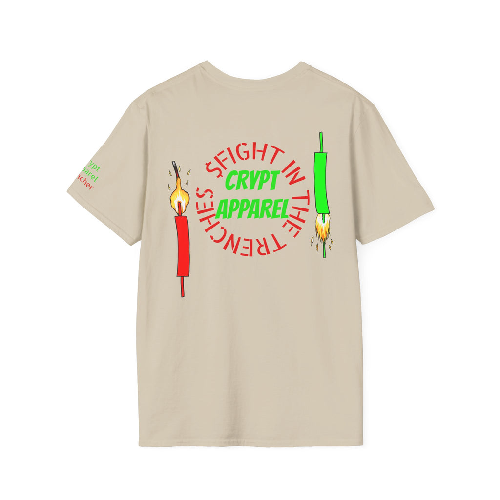 The Trenches Crypto T‑Shirt — 'Crypt Apparel' Graphic Tee with Candlesticks Design
