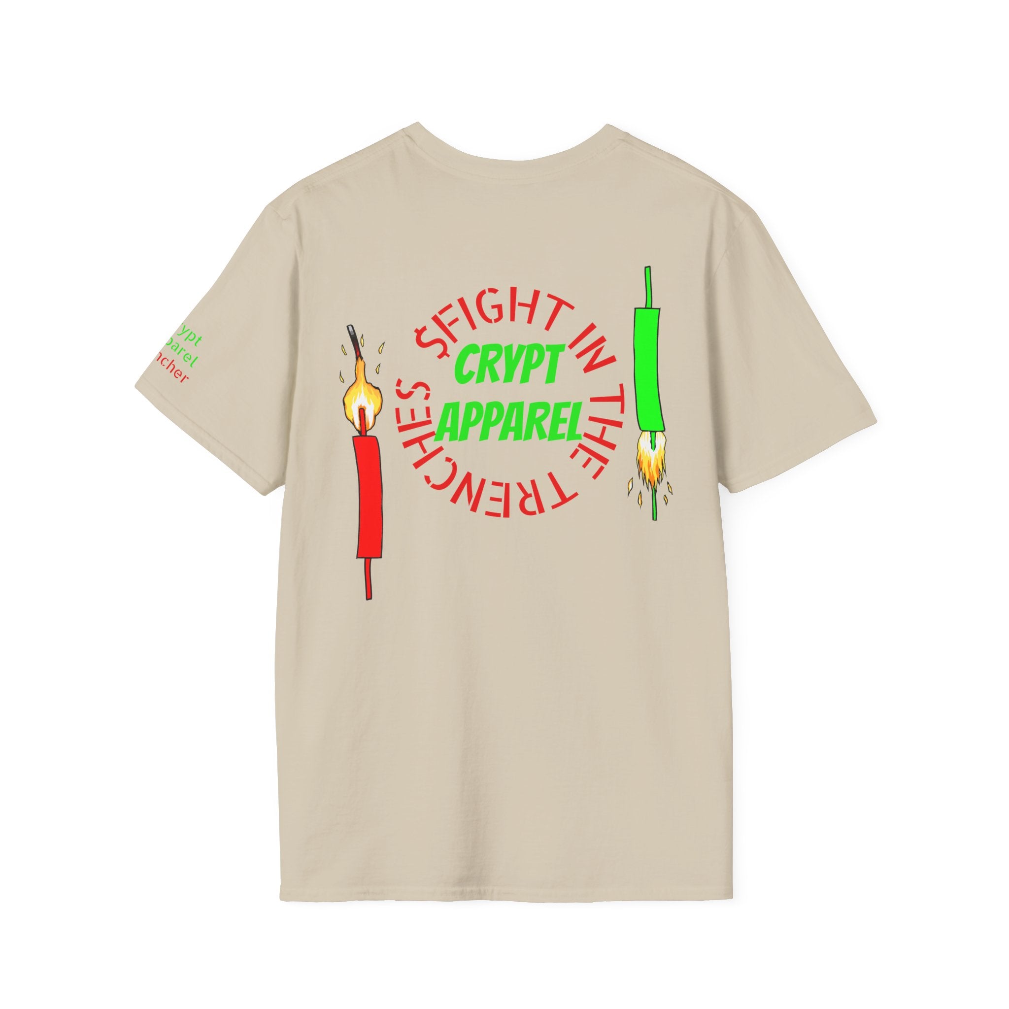The Trenches Crypto T‑Shirt — 'Crypt Apparel' Graphic Tee with Candlesticks Design