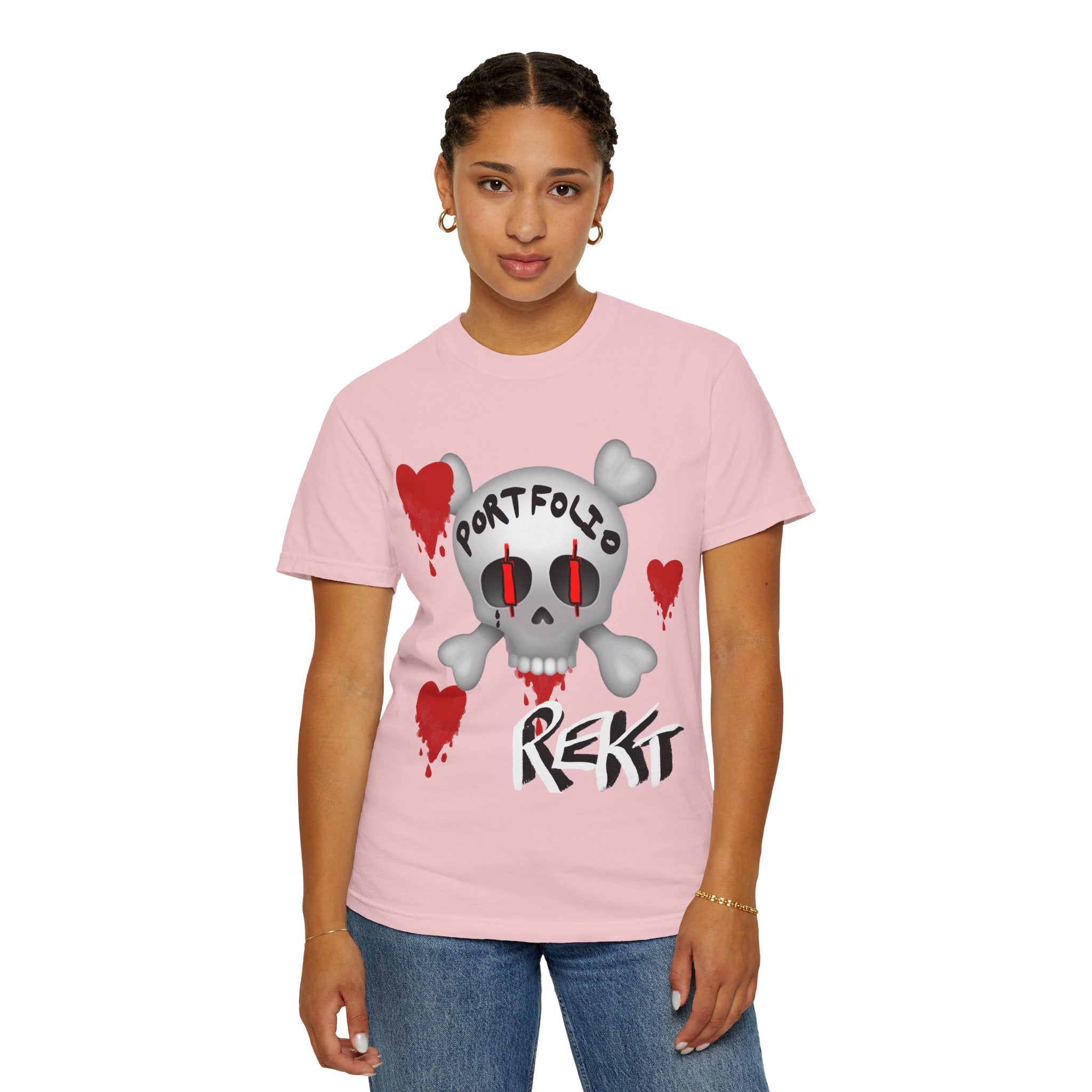 Crypto Rekt Portfolio Skull T-shirt | Crypt Apparel Bleeding Hearts Graphic Tee