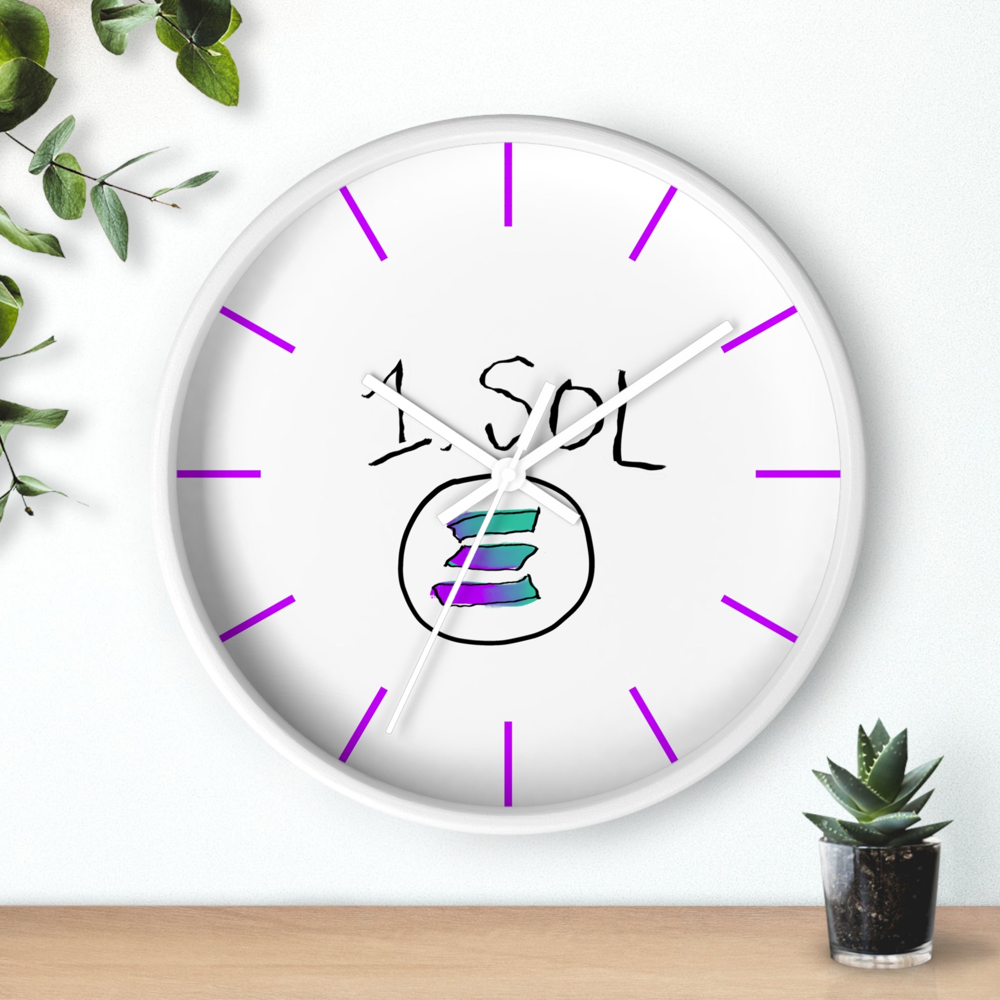 Meme Coin Milyunr crypto degen Wall Clock — Crypt Apparel SOL inspired White Clock with Purple Accents