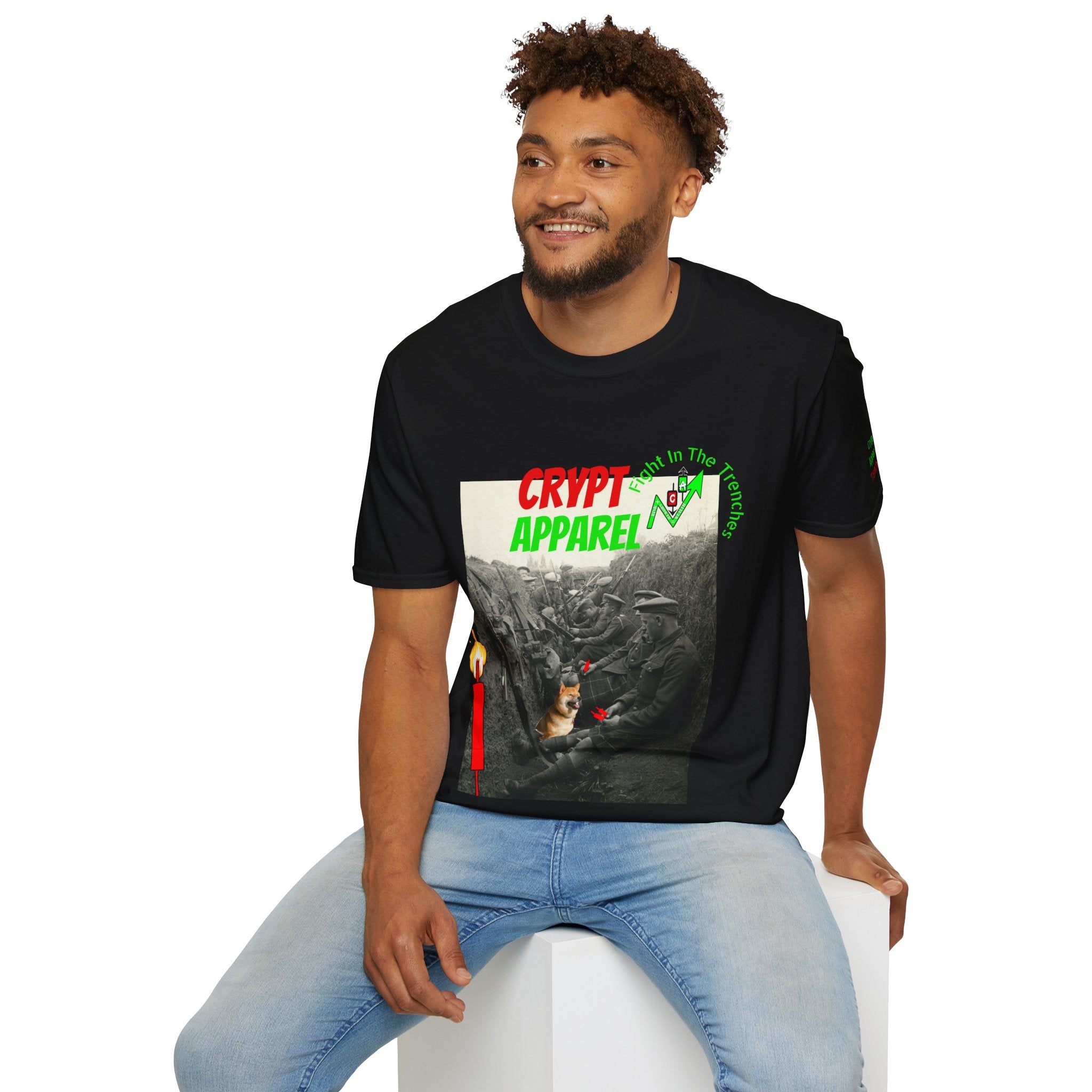 Crypto meme coin trenches t shirt graphics by Crypt Apparel featuring trading candlesticks 