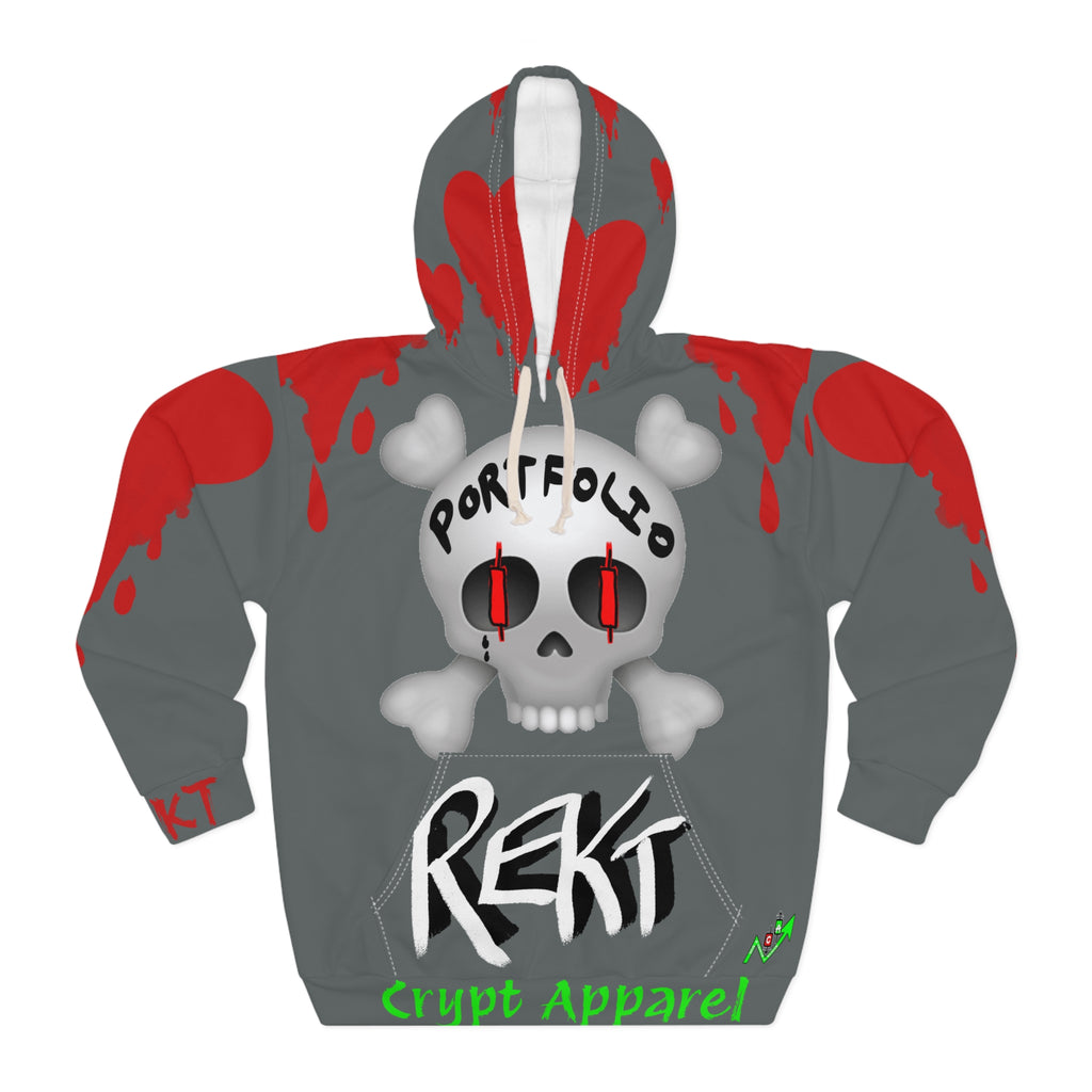 REKT Portfolio grey all over print hoodie by Crypt Apparel features a skull and crossbones with red candlestick eyes and bleeding hearts