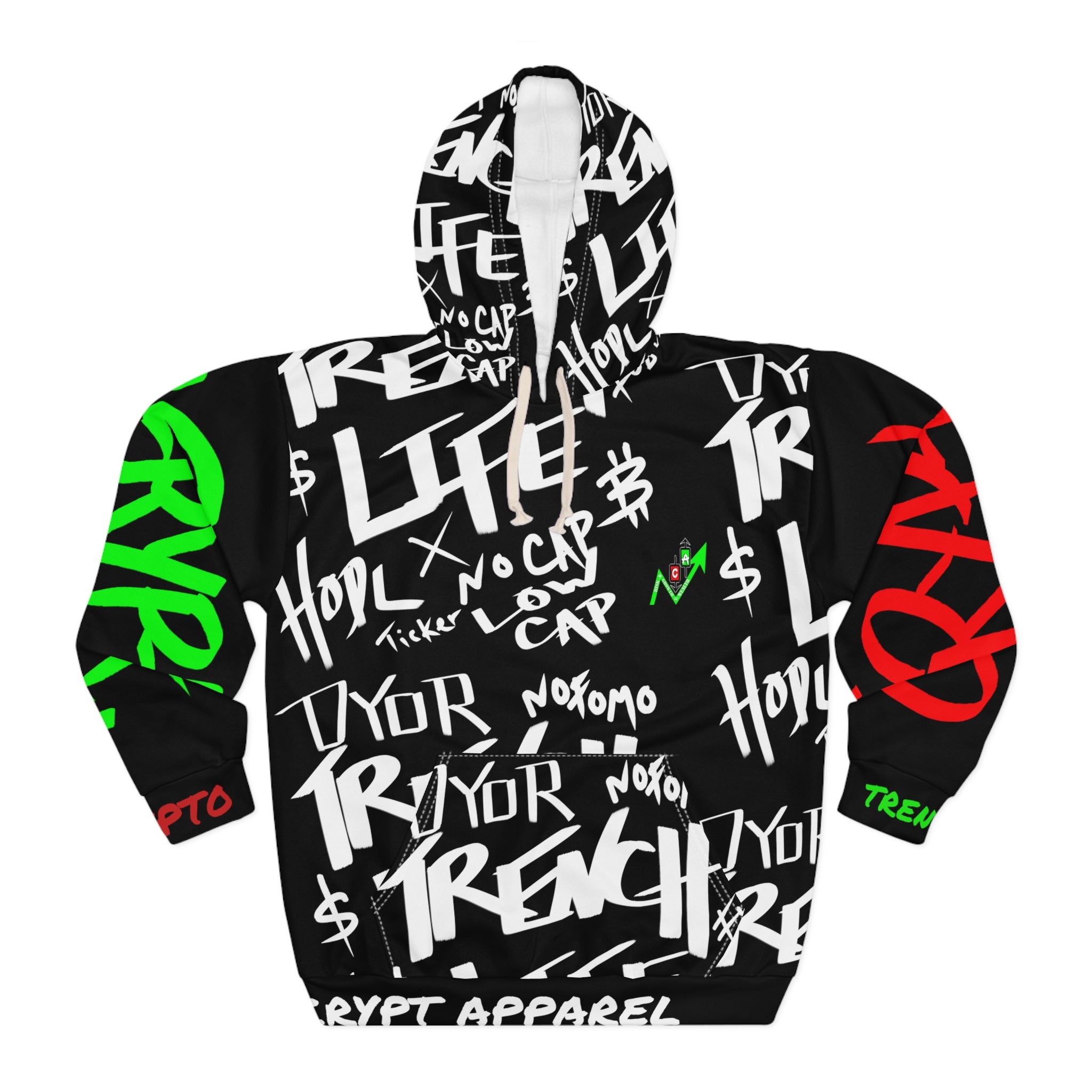 Trench Life crypto graffiti all over print hooded sweatshirt by Crypt Apparel nods to degen meme culture