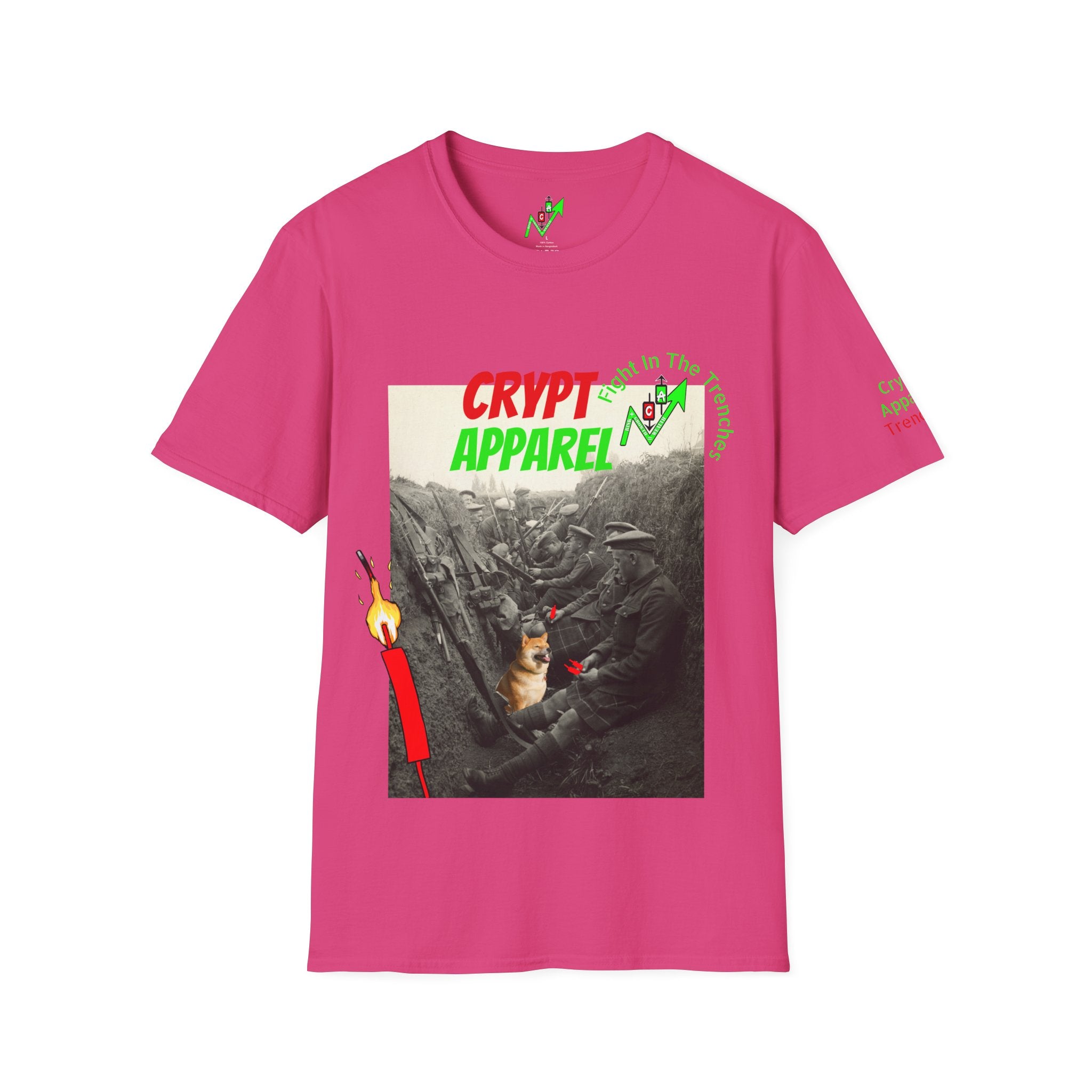 The Trenches Crypto T‑Shirt — 'Crypt Apparel' Graphic Tee with Candlesticks Design