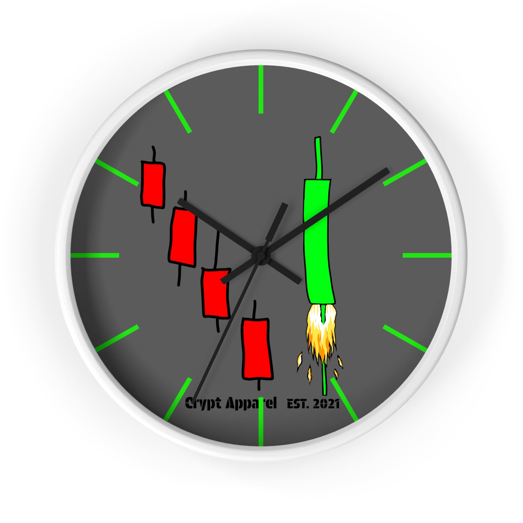 Degen Traders Crypto Candlestick Wall Clock — Crypt Apparel 'Bull Rocket' Trading Chart Clock