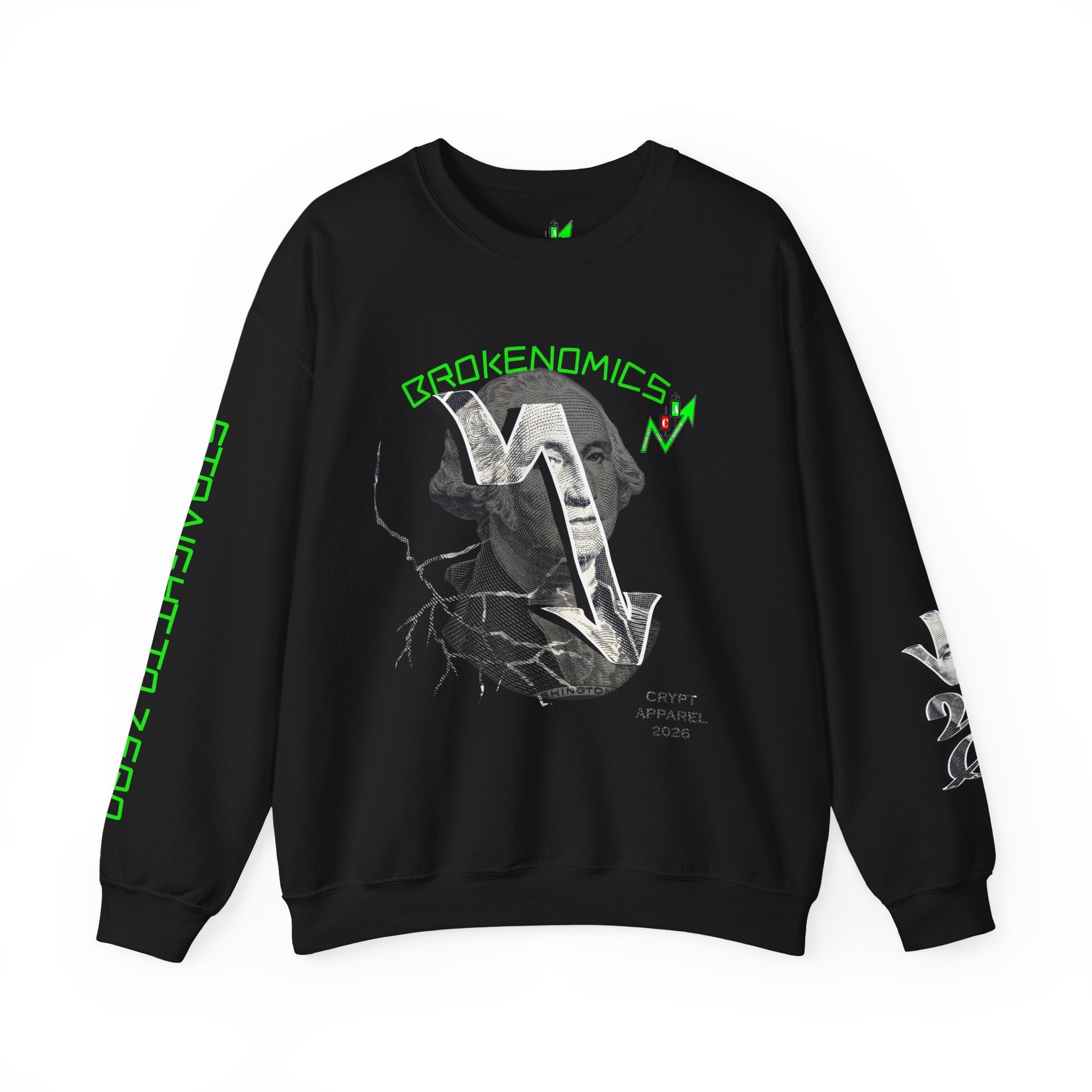 Brokenomics Crypt Apparel Crewneck sweatshirt, featuring trading signals, crypto design, stock market.