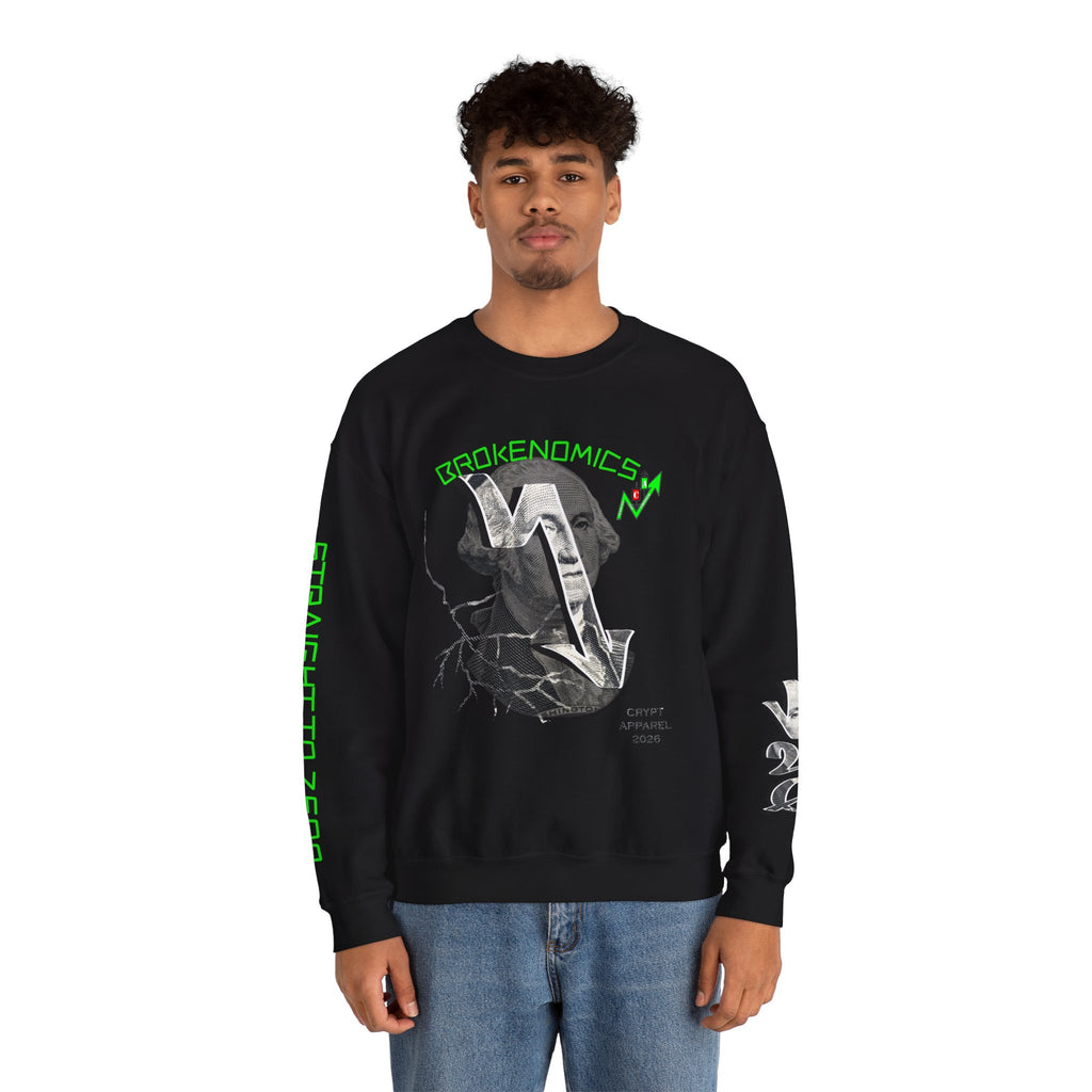 Brokenomics Crypto Crewneck Sweatshirt — Crypt Apparel Graphic Pullover with Neon Green Accents