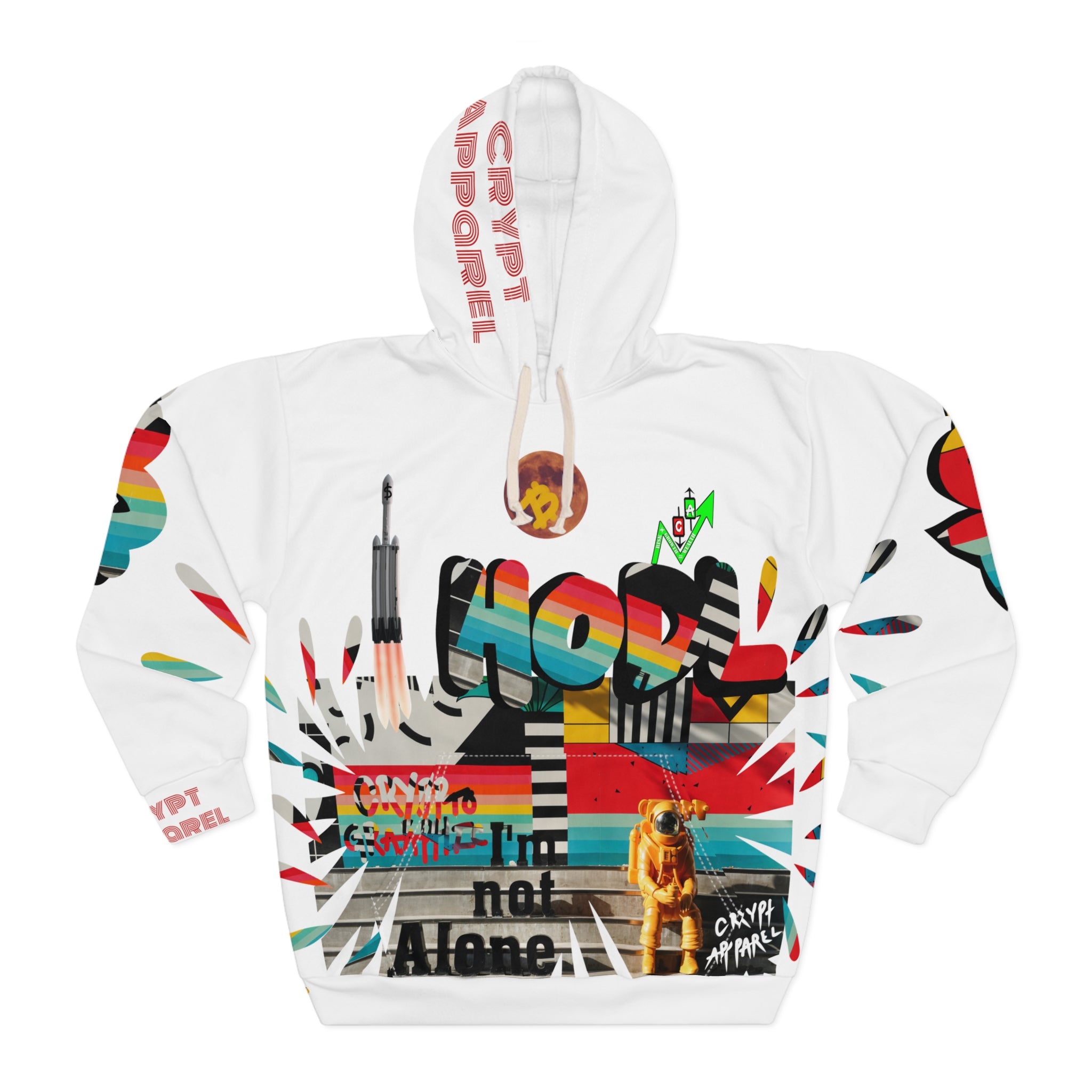 Urban Jungle all over print hoodie by Crypt Apparel features colorful graffiti, an astronaut, Bitcoin symbolism, with HODL/ DYOR motifs